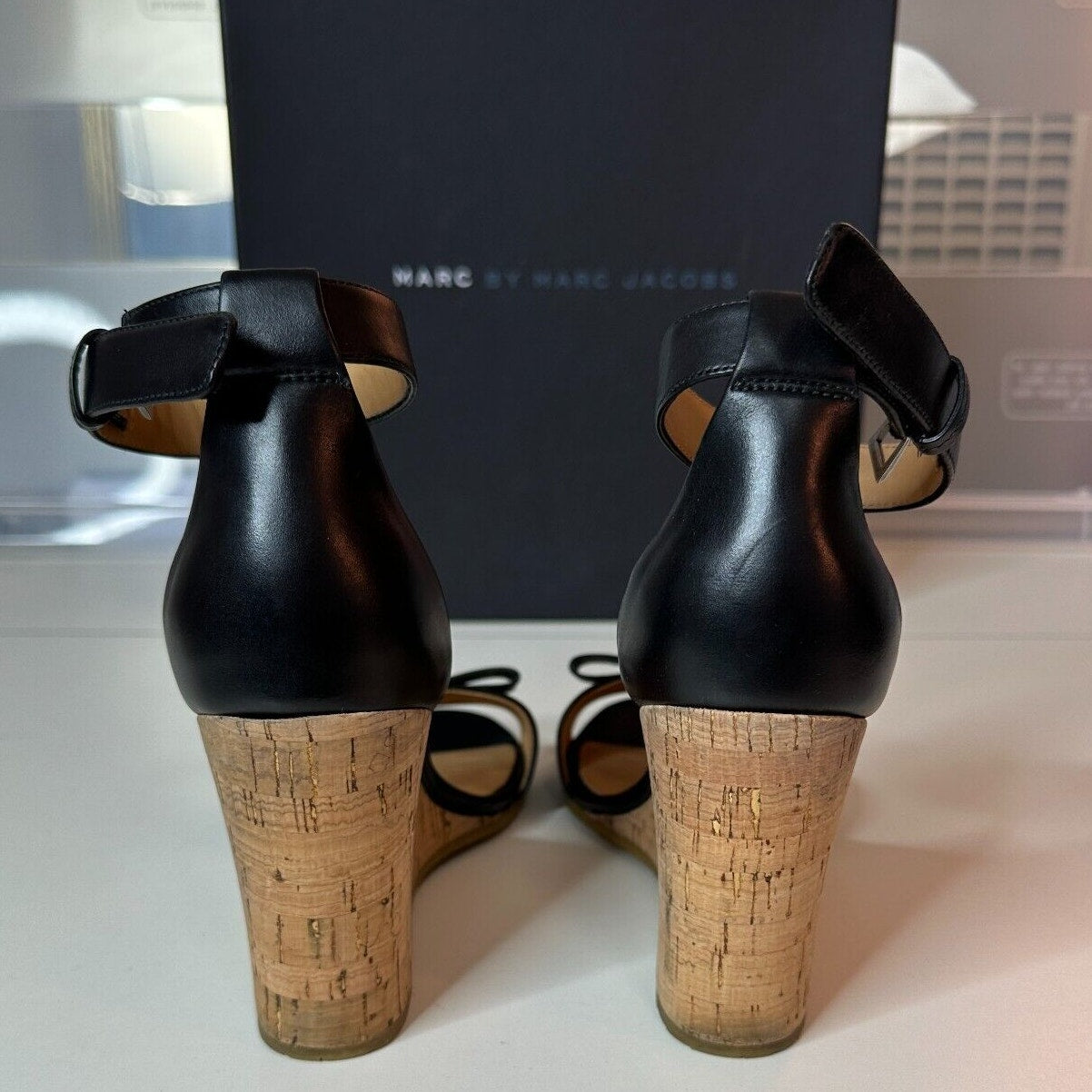 Marc by Marc Jacobs Black Leather & Cork Wedge Ankle Strap Sandals Silver 7.5