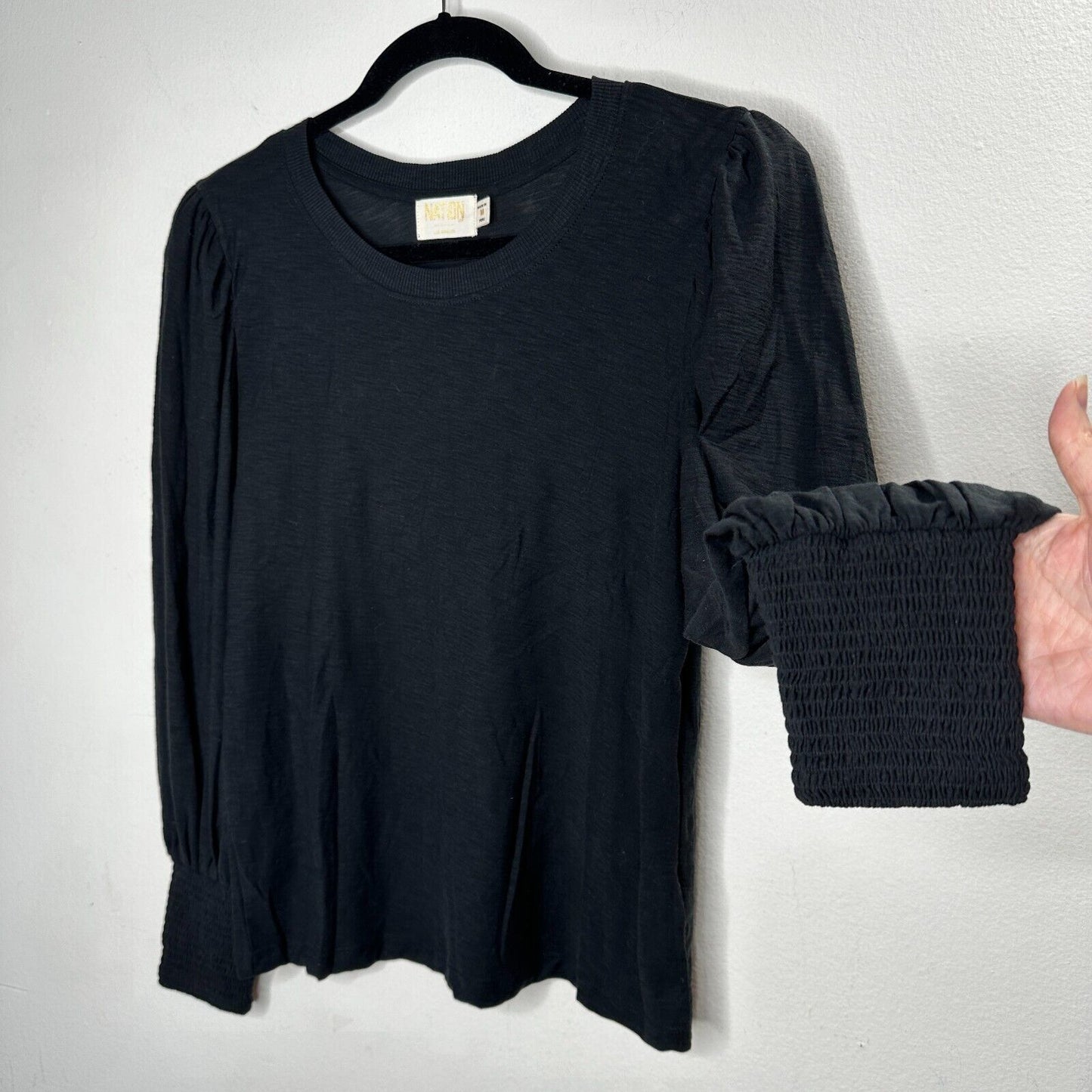 Nation LTD Black Balloon Puff Sleeve Smocked Wrist Round Neck Flowy Blouse M