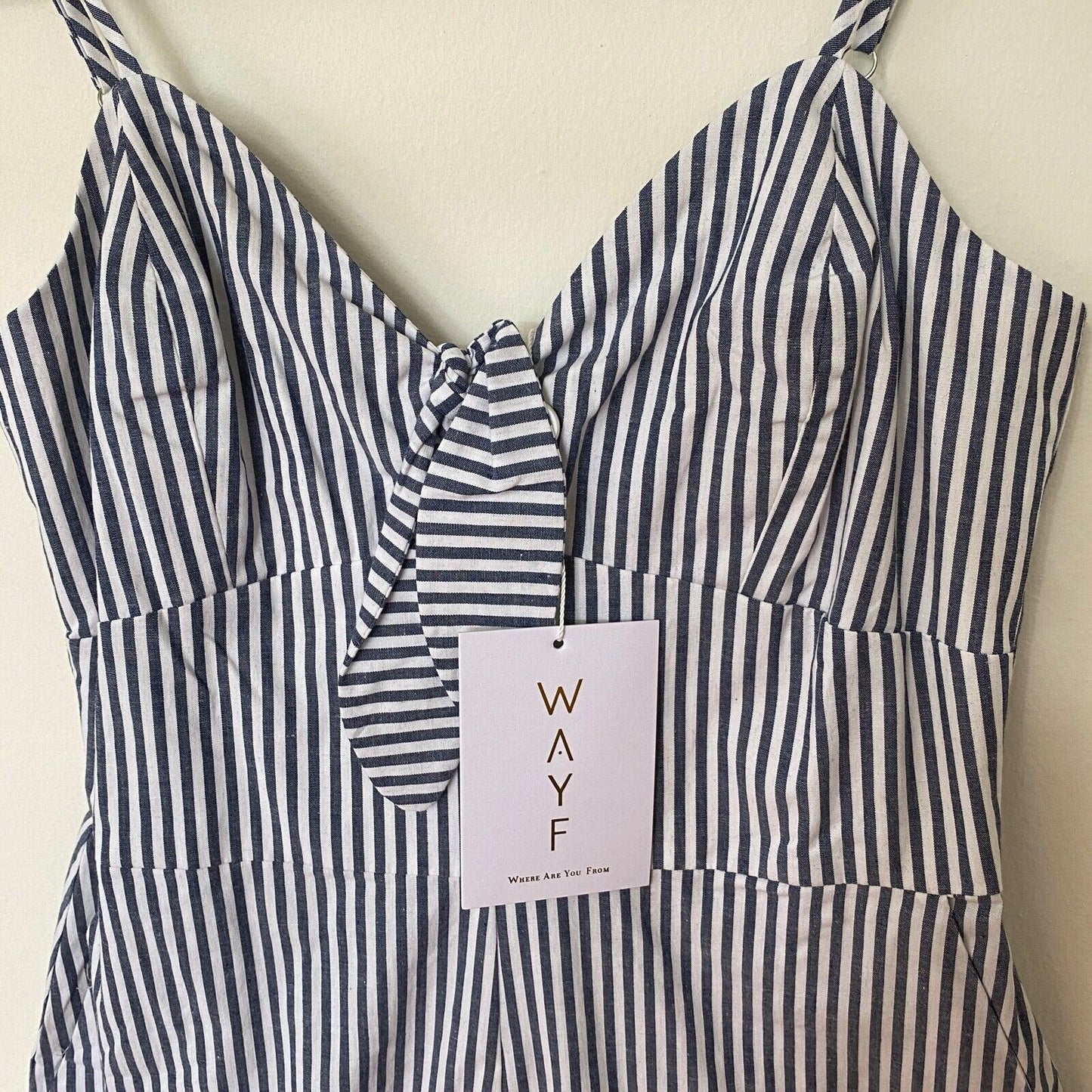 WAYF Massa Front Tie-Knot Pockets Blue White Pin Striped Jumpsuit Romper XS