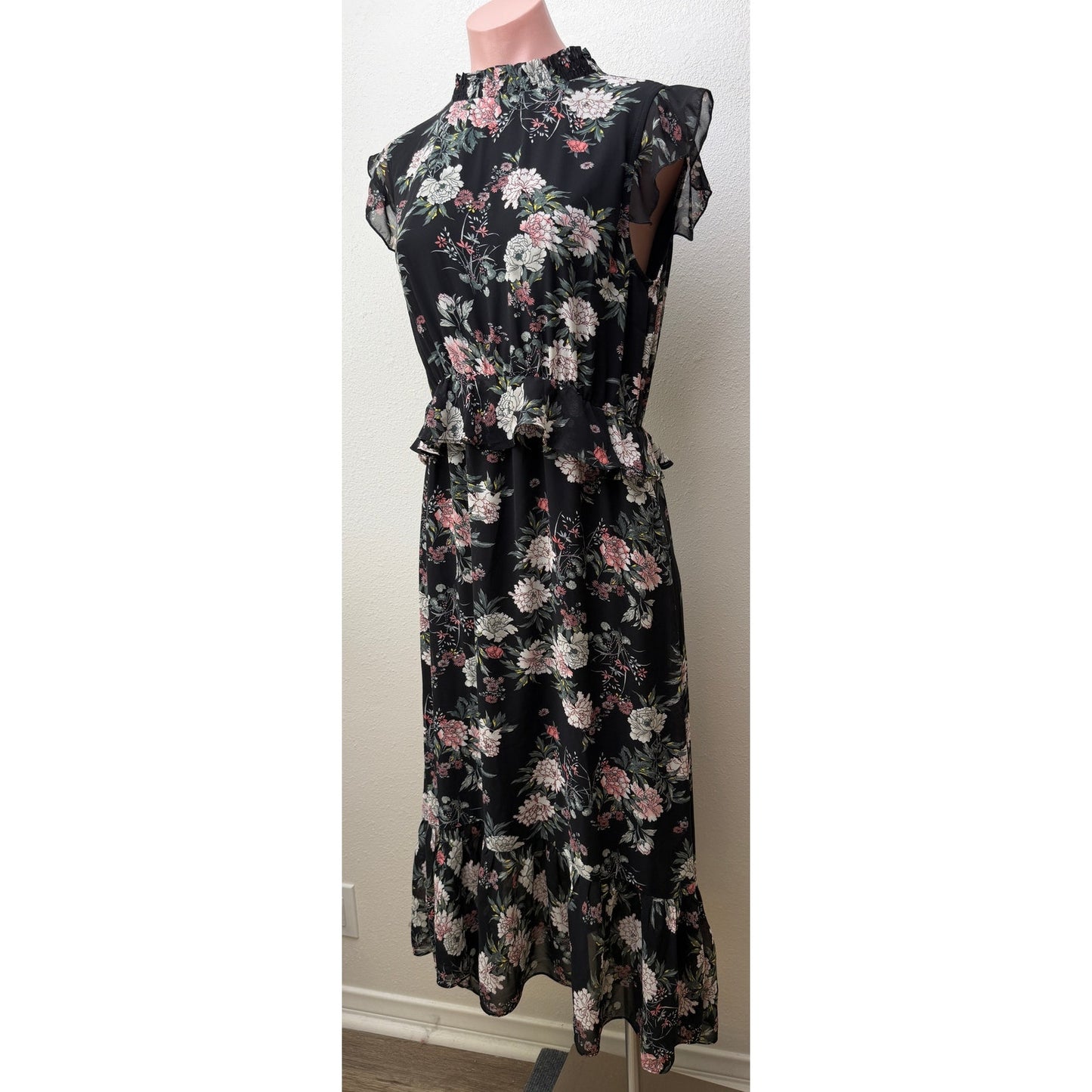 Laissez Faire Floral Midi Dress Smocked Neck Ruffle Sleeveless Size S