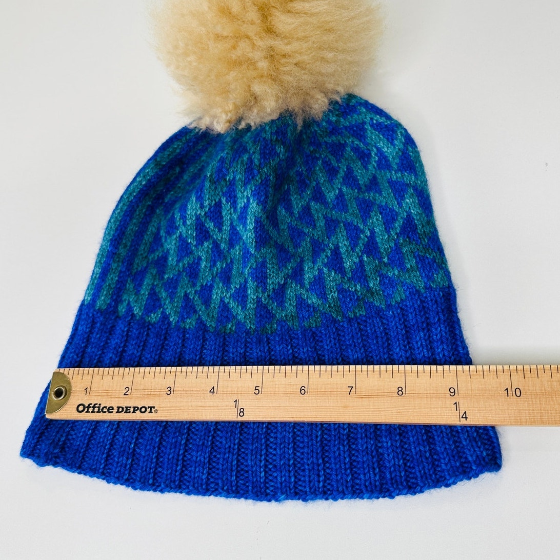 Blue Green Triangle Print Knit Beanie Tan Pom Pom OS