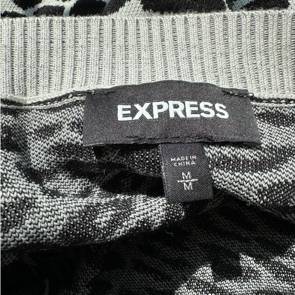 Express Black & Light Gray Leopard Print Boat neck Long Sleeve Thin Sweater M