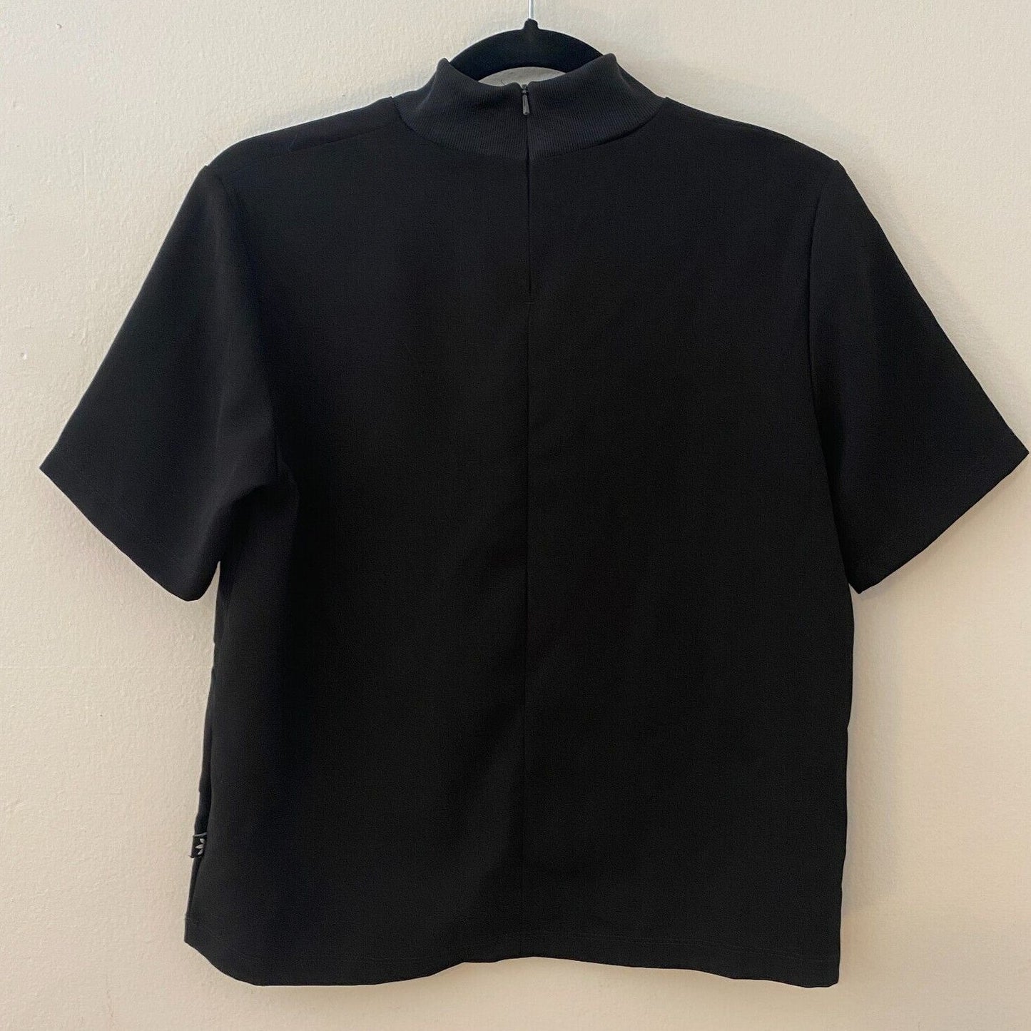 Adidas Black Trefoil Three Stripe Graphic Mock Neck Back Zip Short Sleeve Top S