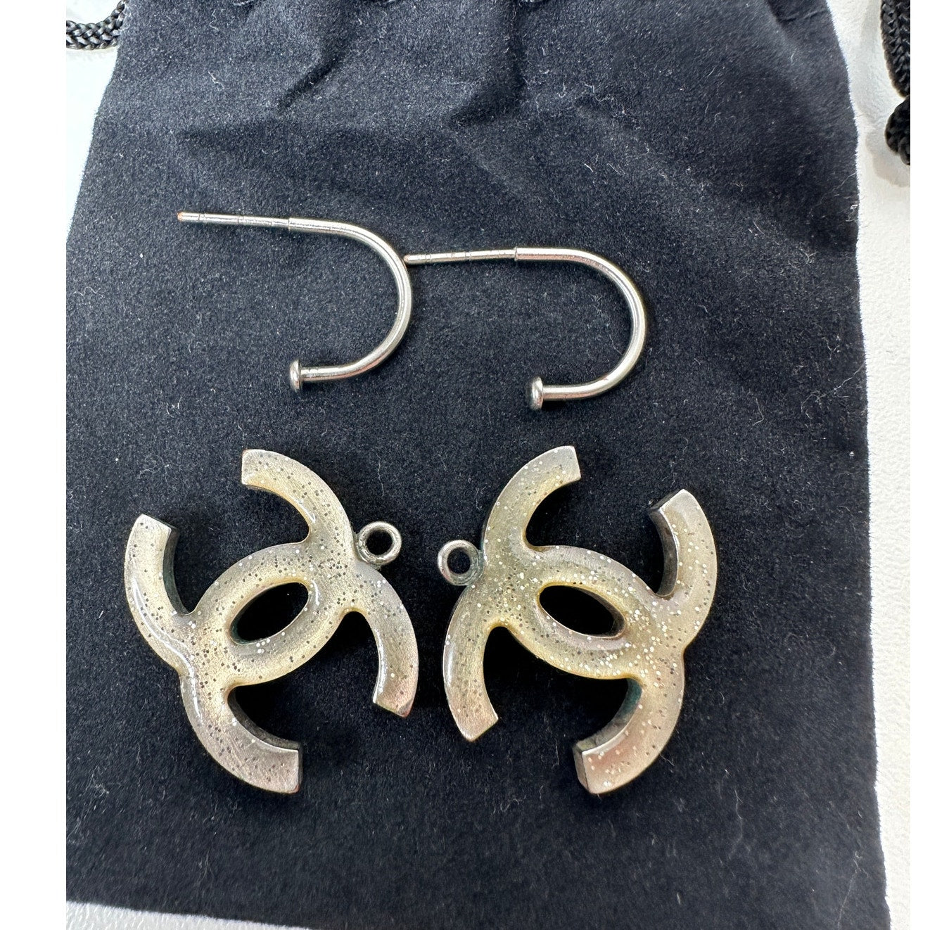 Chanel Baguette Stone Logo Silver Earrings Boucles Oreille Crystal