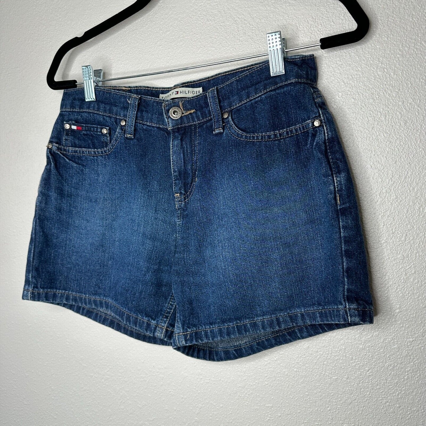 Tommy Hilfinger Medium Blue Wash Mid Rise Boyfriend Jean Shorts Y2K Flag Logo 4