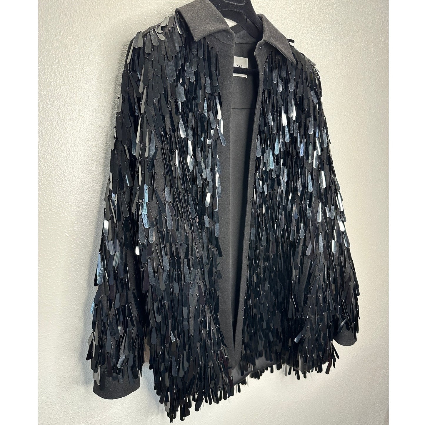 Valentino Garavani Black Sequin Fringe Shirt Jacket Medium