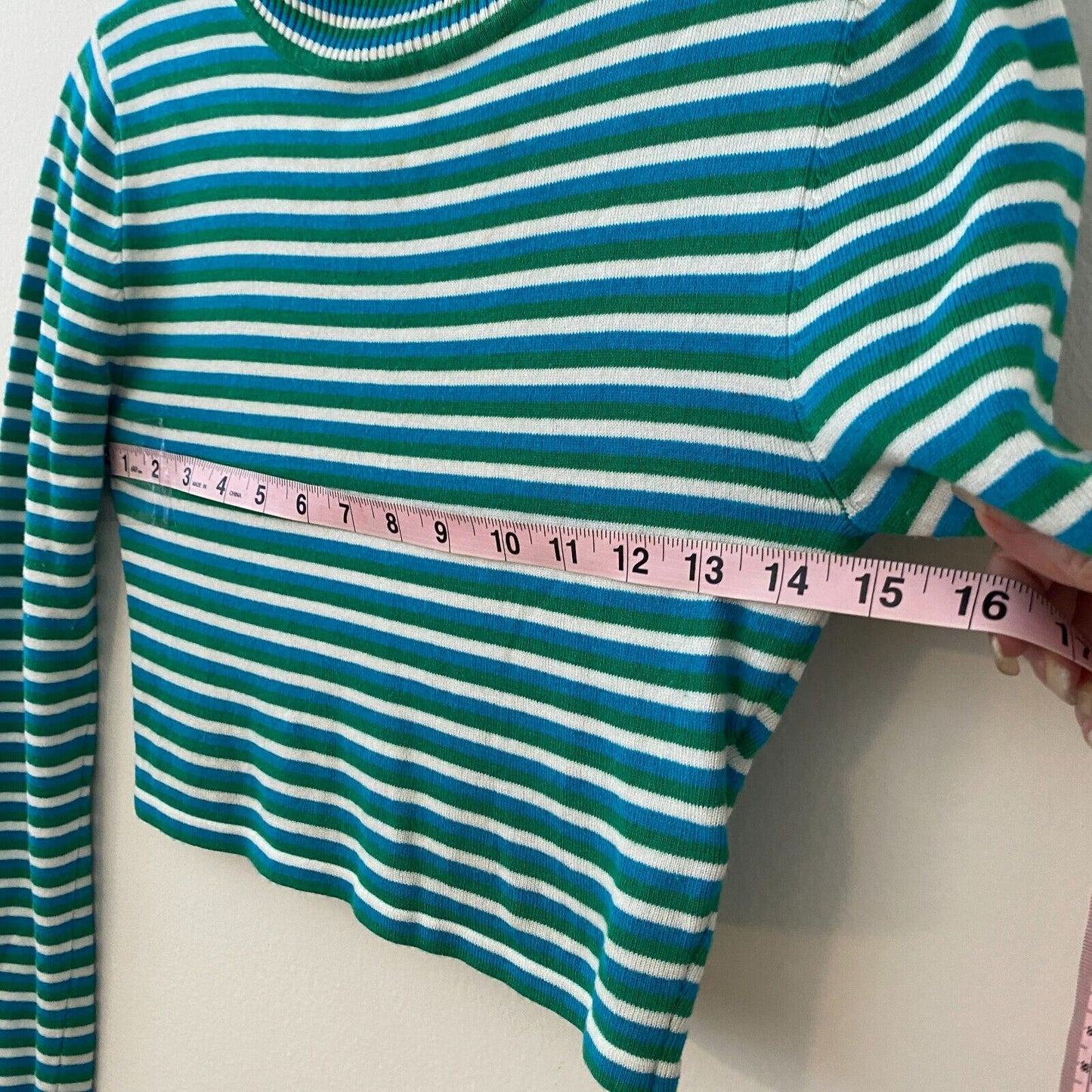 Silence + Noise Blue Green Striped Cropped Mock Long Sleeve Knit Top S