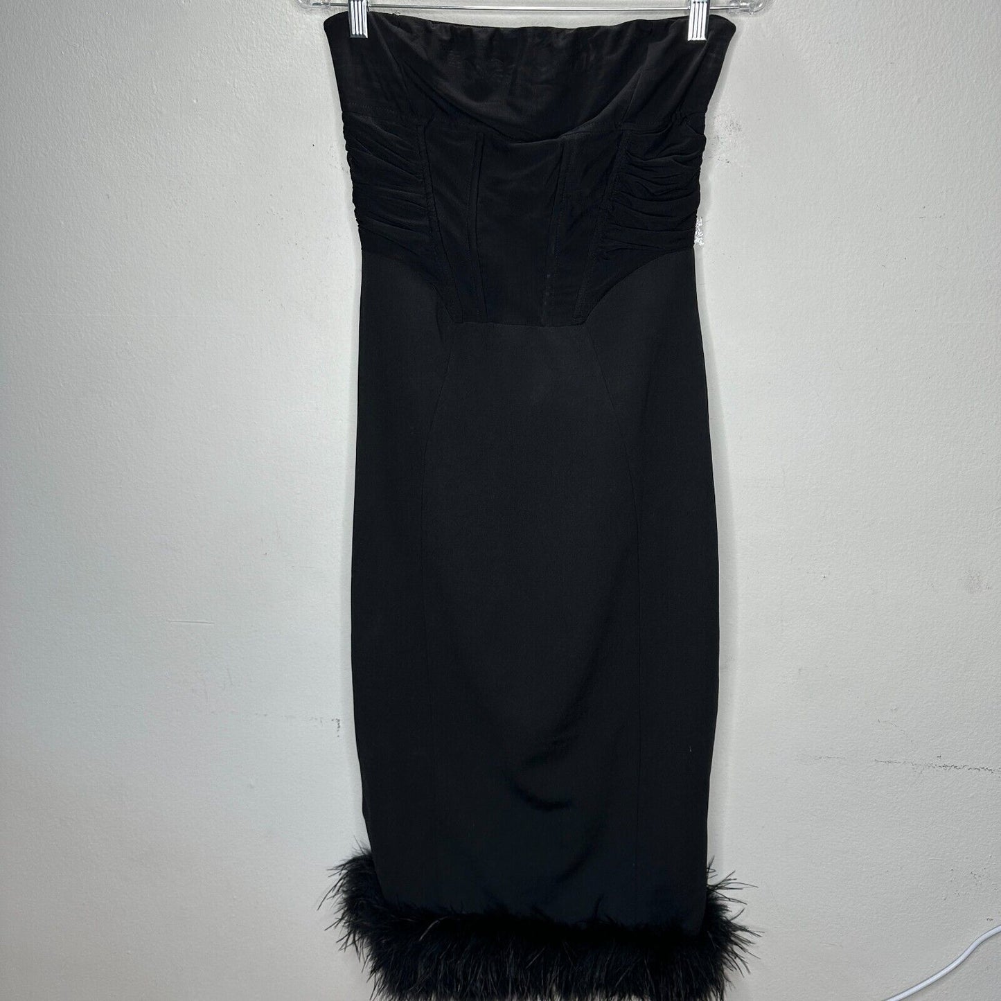 Klesis Black Kori Strapless Midi Feathered Bottom Boned Corset Zip Back Large