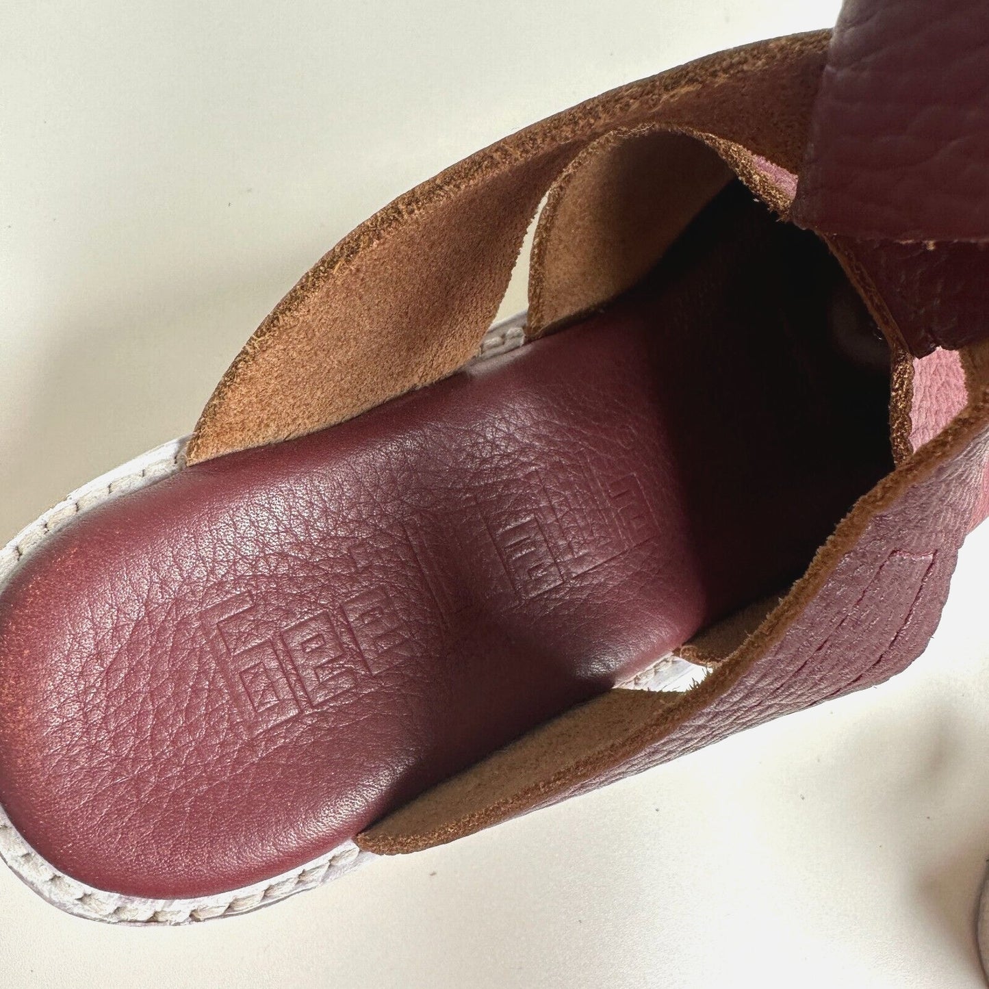 Anthro Gee Wawa Eggplant Leather White Platform Open Toe Ankle Strap Sandals 8