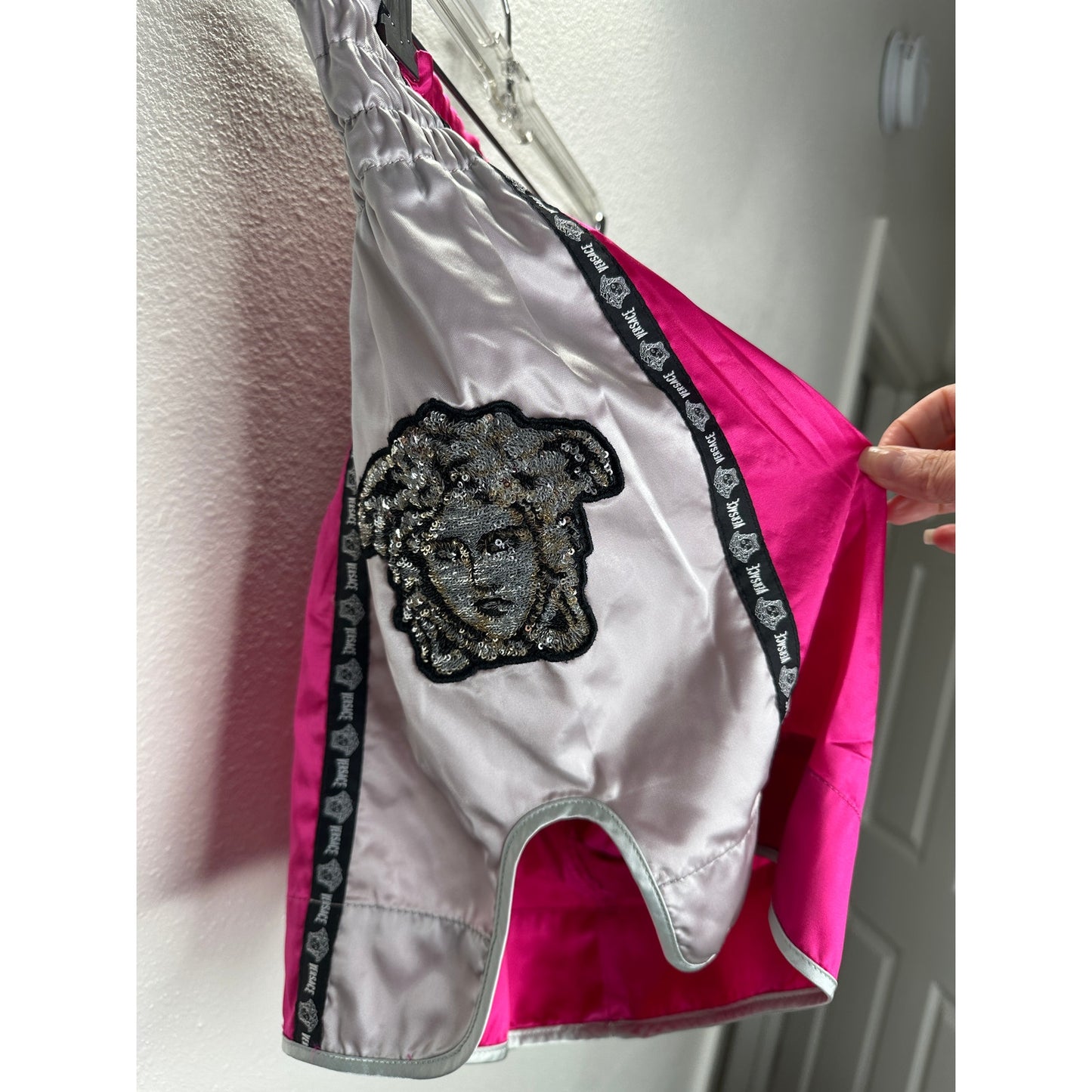 Versace Muay Thai Boxing Shorts Pink Silver Versace Medusa Patch 50 / L