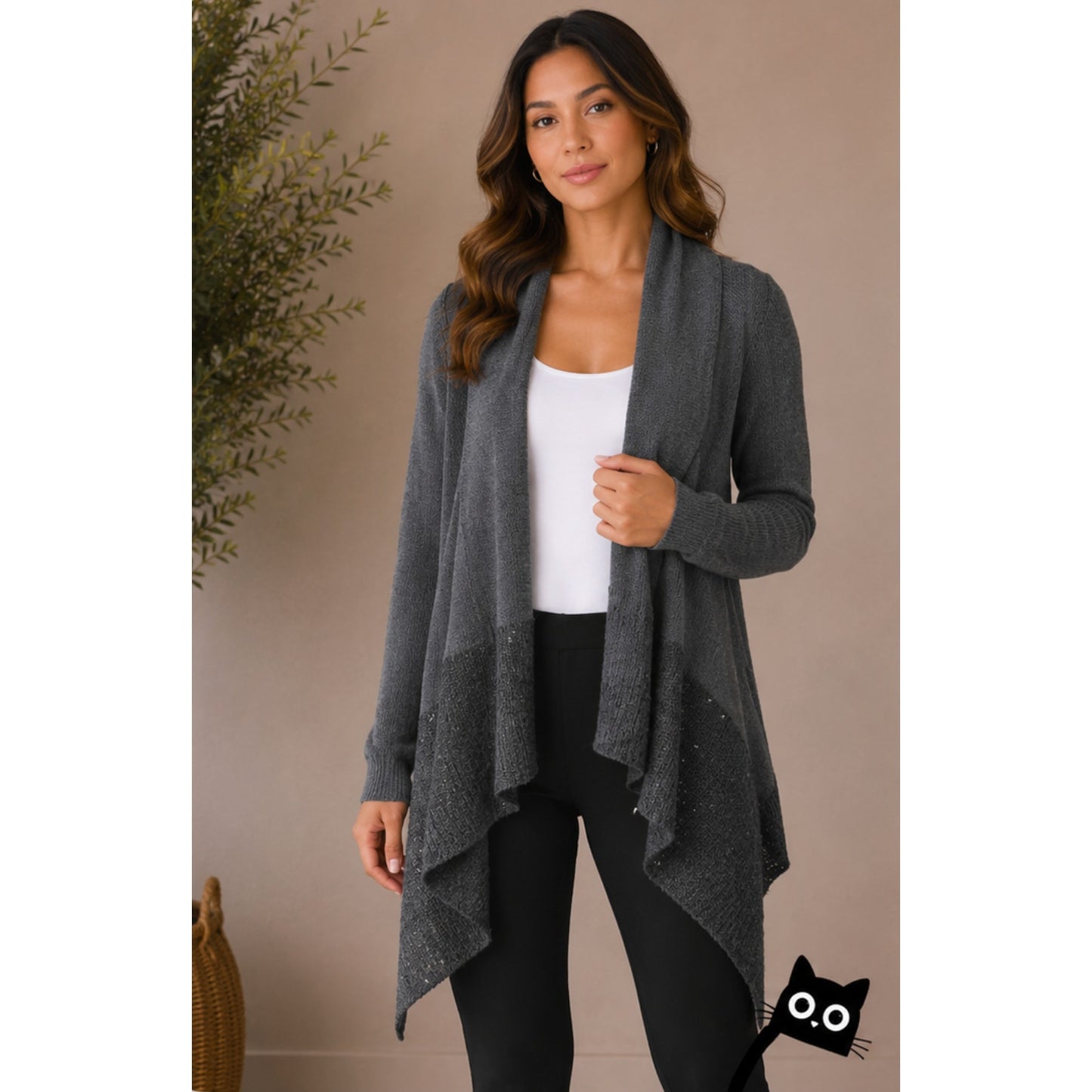 9/15 Saks 5th Ave Dark Gray Waterfall Front Cardigan with Sequins Large