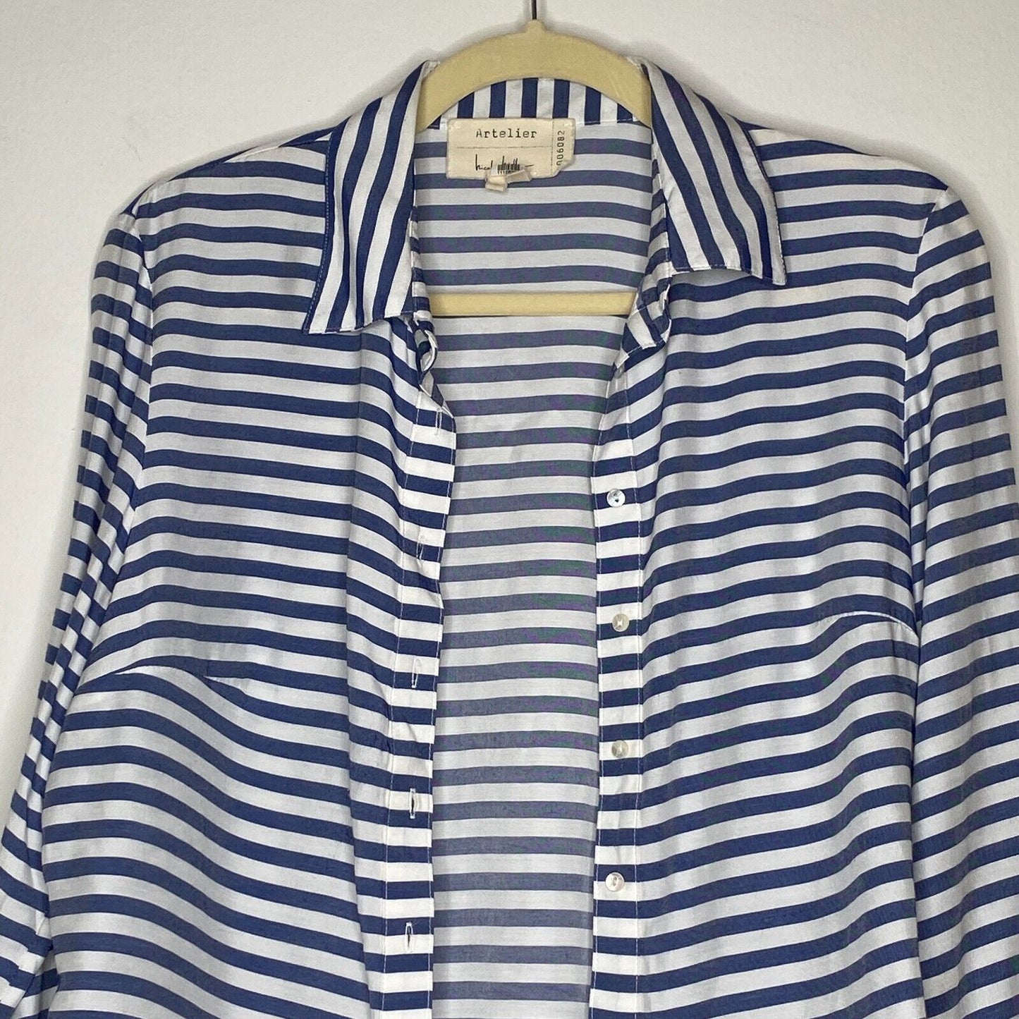Artelier Blue and White Stripe Collar Button Down Bell Tie Sleeve Blouse XS