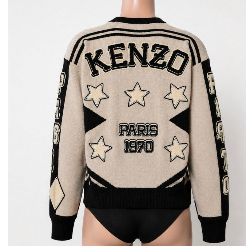 KENZO Paris Tiger Graphic V-Neck Sweater Off White Navy Size M