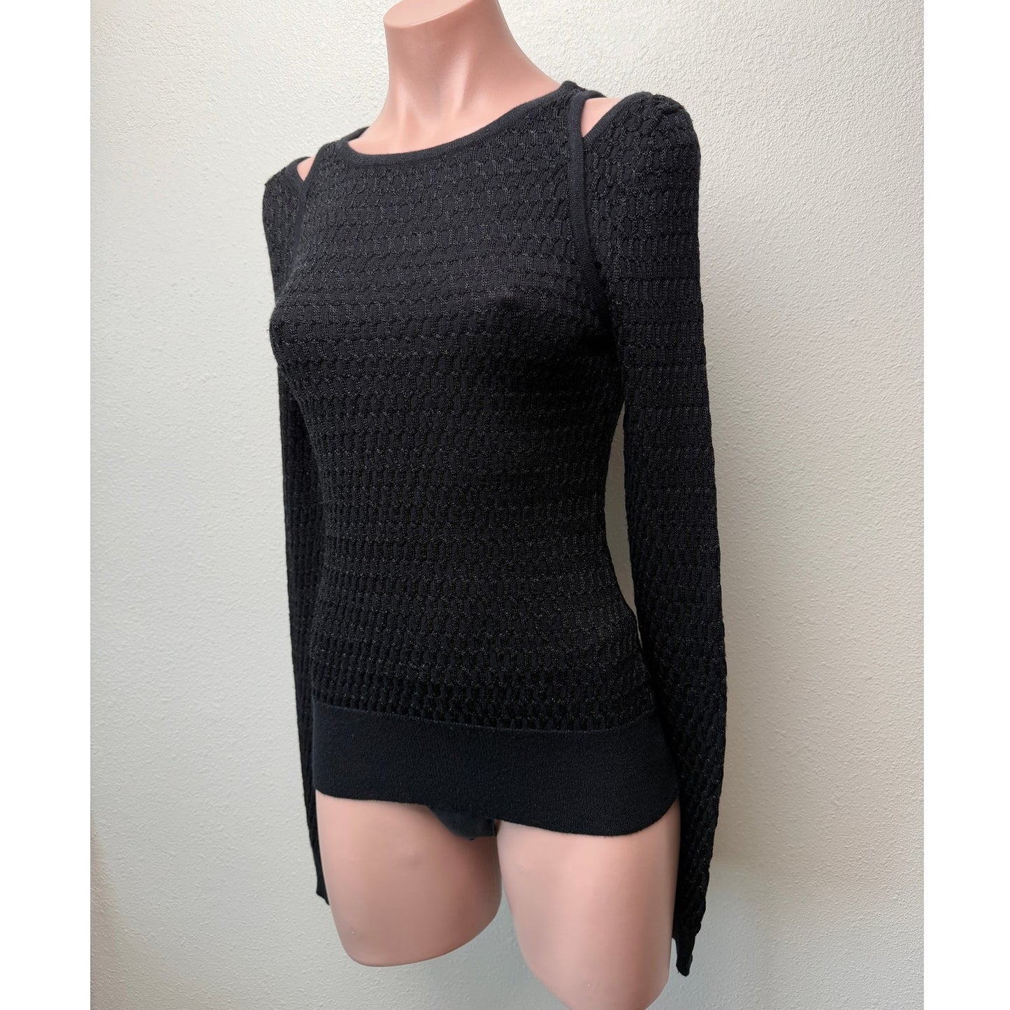 Bebe Black Shimmer Cold Shoulder Knit Sweater Women's Medium