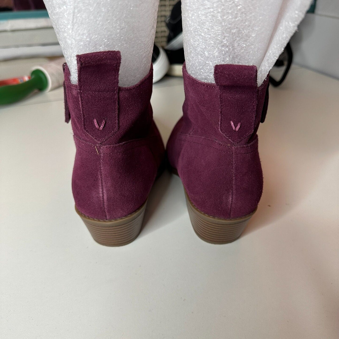 Vionic Vera Chic Eggplant Purple Sueded Ankle Boots Side Zipper Low Heels 8.5