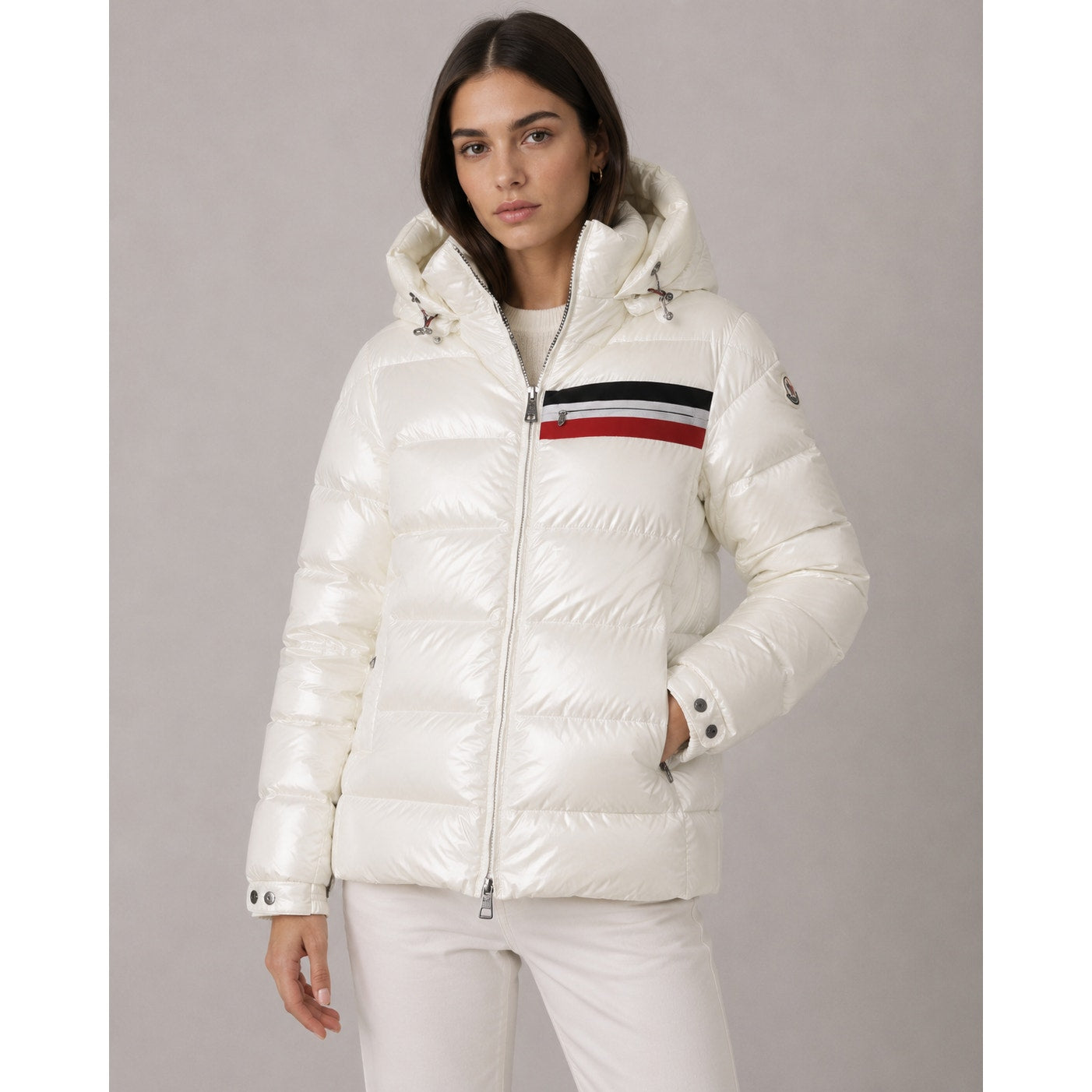 NWT Moncler Mounier White Down Puffer Jacket Hooded 3 Stripes R$1410 Size 4 / XL