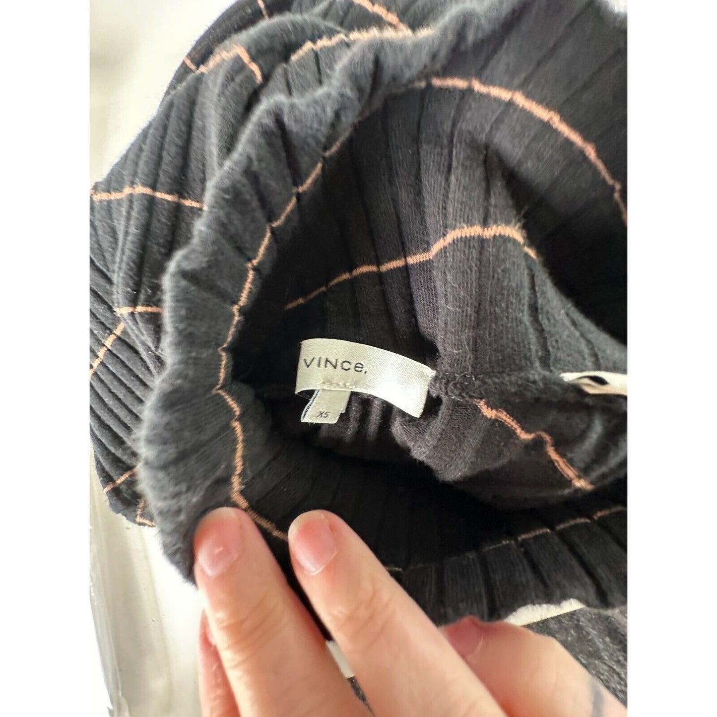 Vince Casual Black With Tan Stripe Ribbed Knit Turtleneck Long Sleeve Sweater XS