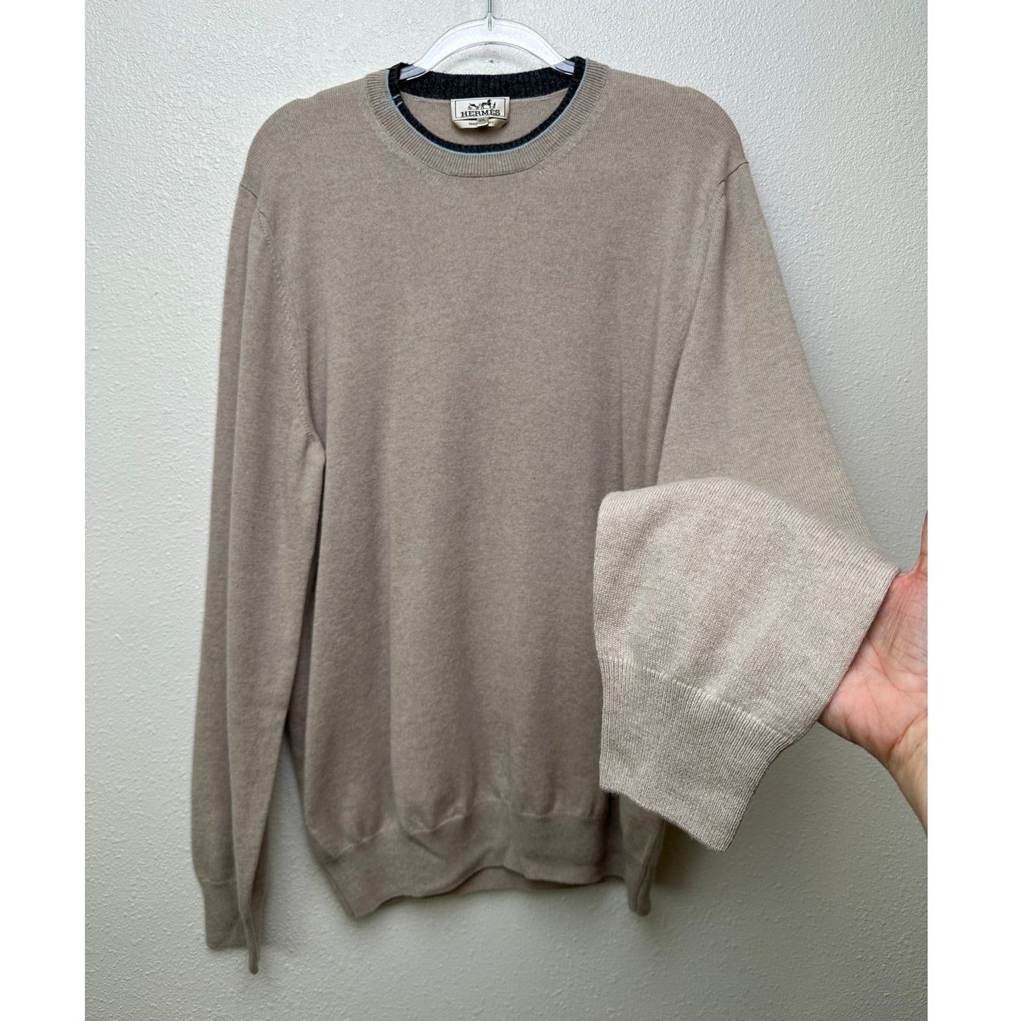 Hermes 100% Cashmere Crewneck Sweater Beige Men’s 2XL Made in Italy