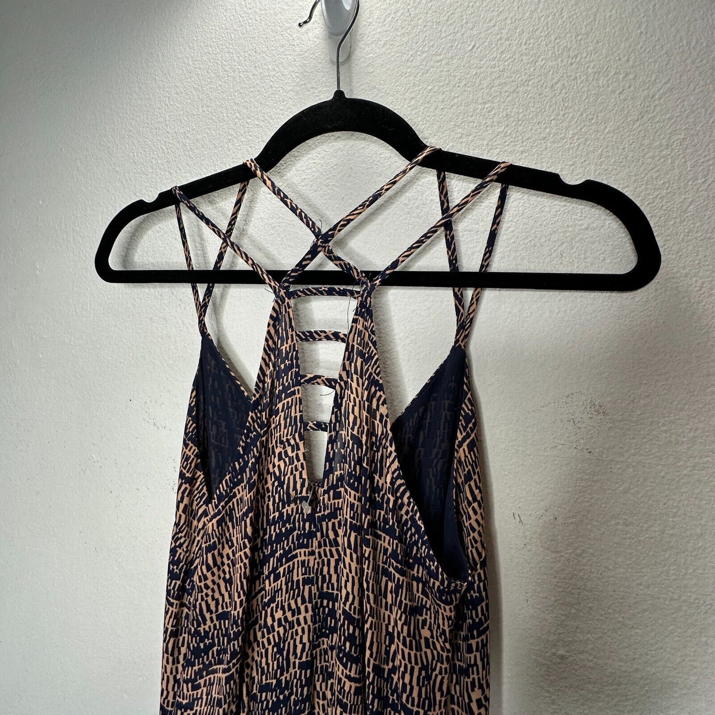 Fora Tan & Navy Front Button Strappy Decorative Back Wide Leg Jumpsuit Small