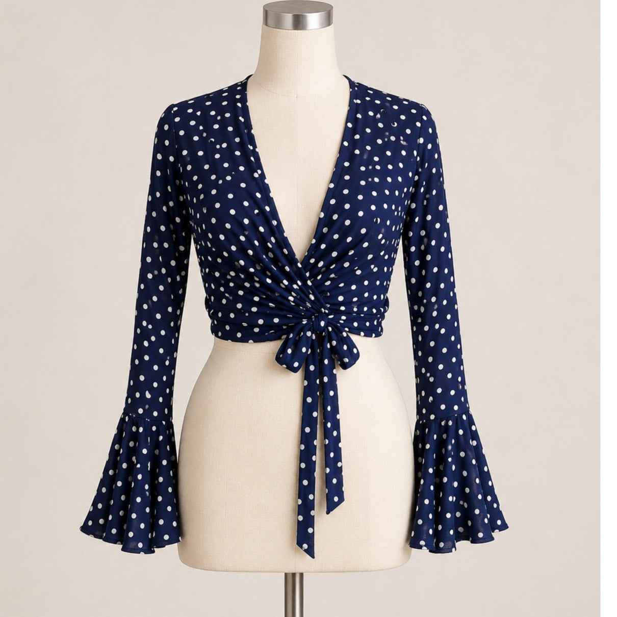 Revolve Eight Sixty Navy Cream Polka Dot Wrap Front-V Bell Sleeve Crop Top SM