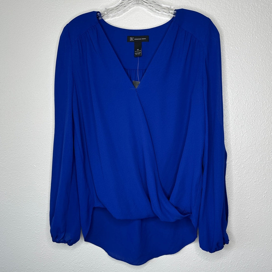 NWT INC Royal Blue VNeck Faux Wrap Long Sleeve High-Low Blouse XS