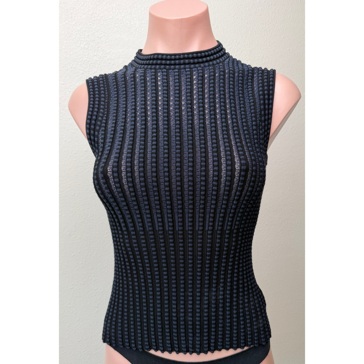 Theory Black Blue Stripe Ribbed Sleeveless Mock Neck Knit Top US S