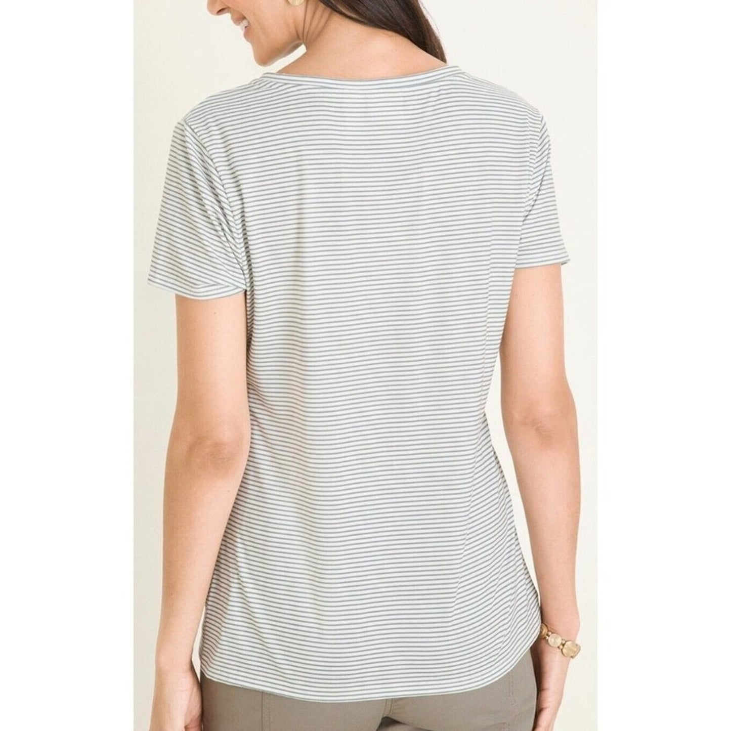 NWT Chico's Zenergy Wild At Heart Olive White Stripe V-Neck Tee  1