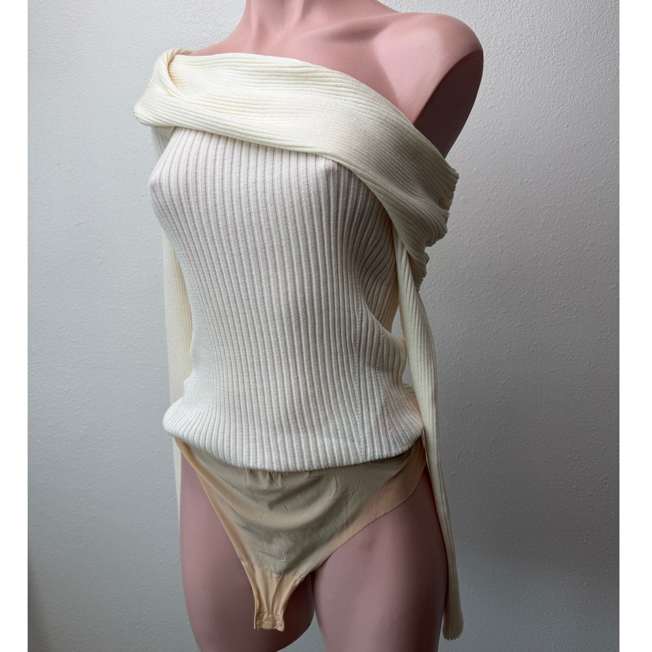 Wolford x Simkhai Ribbed Off Shoulder Wool Bodysuit Cream S