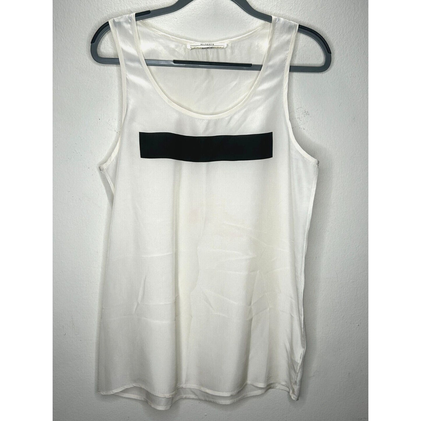 Allsaints Off-White 100% Silk Long Line Tank Top Black Rectangle Block Front 8