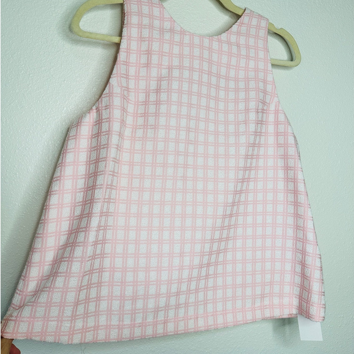 NWT Lisa Marie Fernandez Pink & White Check Boucle Back Button Sleeveless Top 4