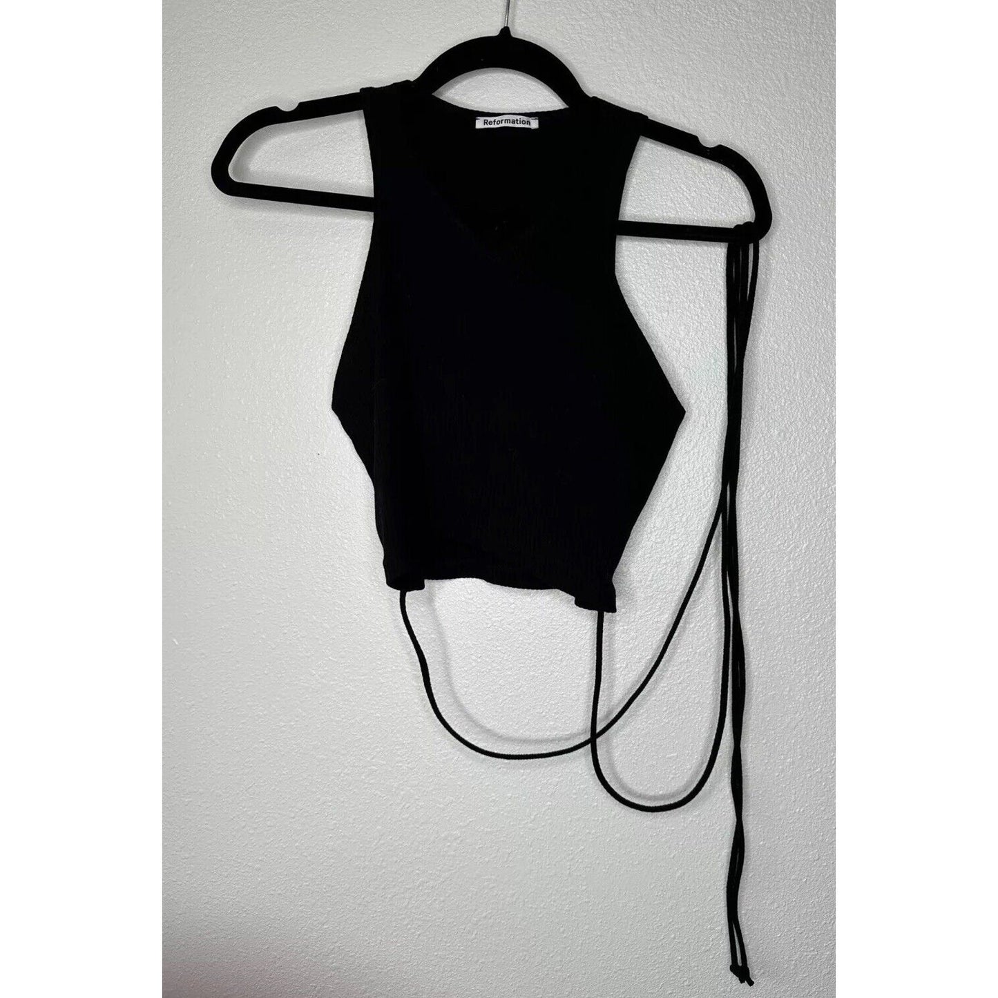 Reformation Yvie Black Ribbed Knit V-Neck Crop Tank Top Tie Wrap Around Waist S