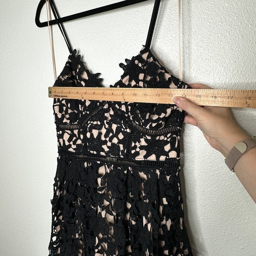 Aqua Black Lace Overlay Tan Lining Spaghetti Strap Cami Midi Dress SM