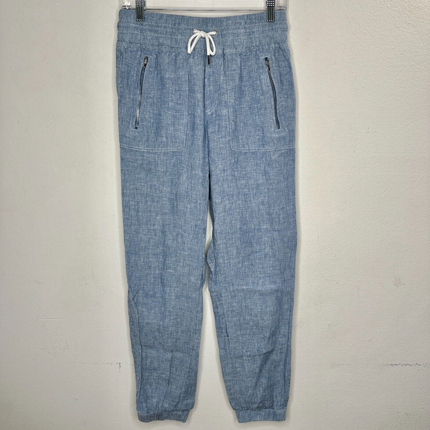 Athleta Chambray Blue Cabo Casual Linen Jogger Pant Tie Waist Front Zip 4