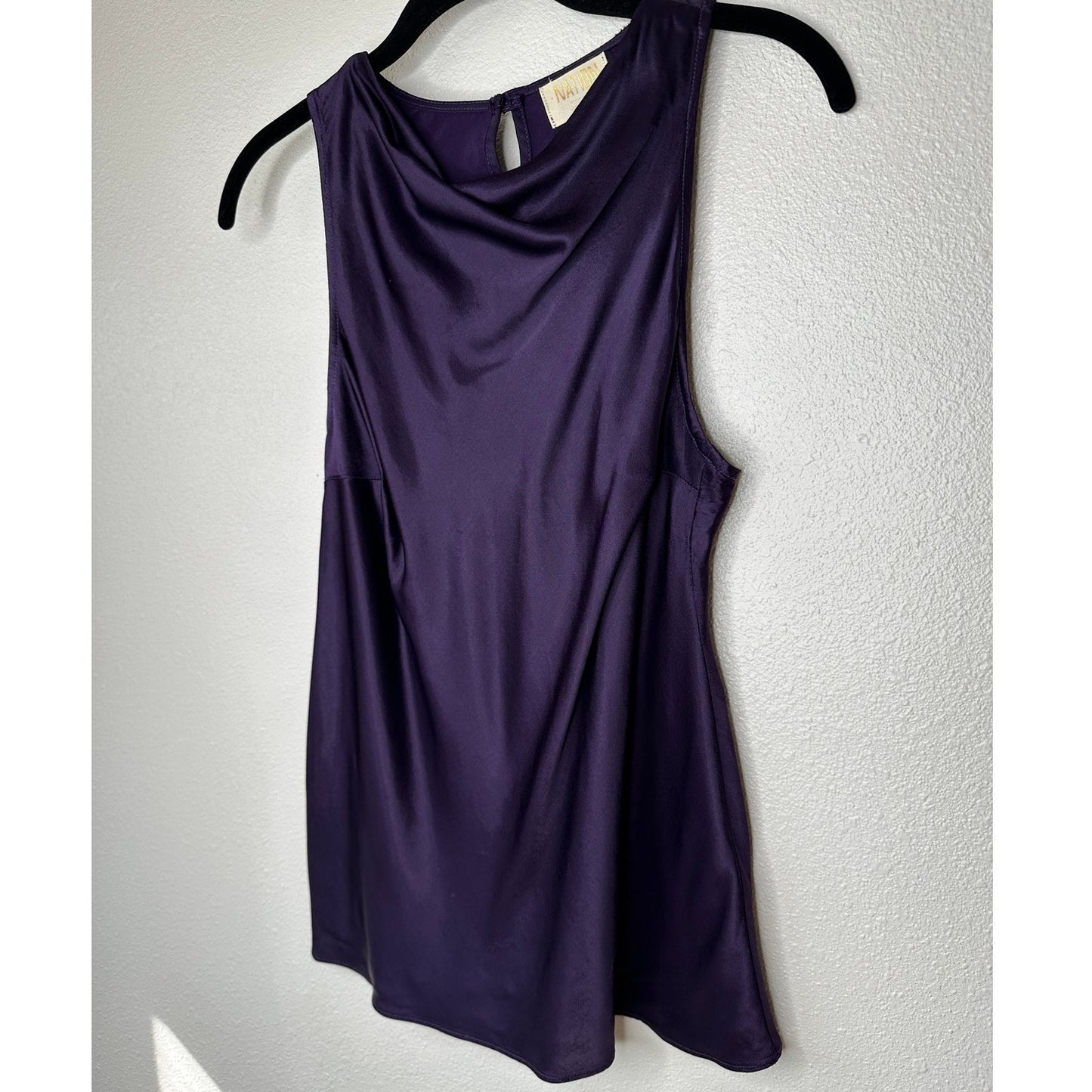 Nation Dark Purple Satin Mock Neck Sleeveless Keyhole Back Blouse S