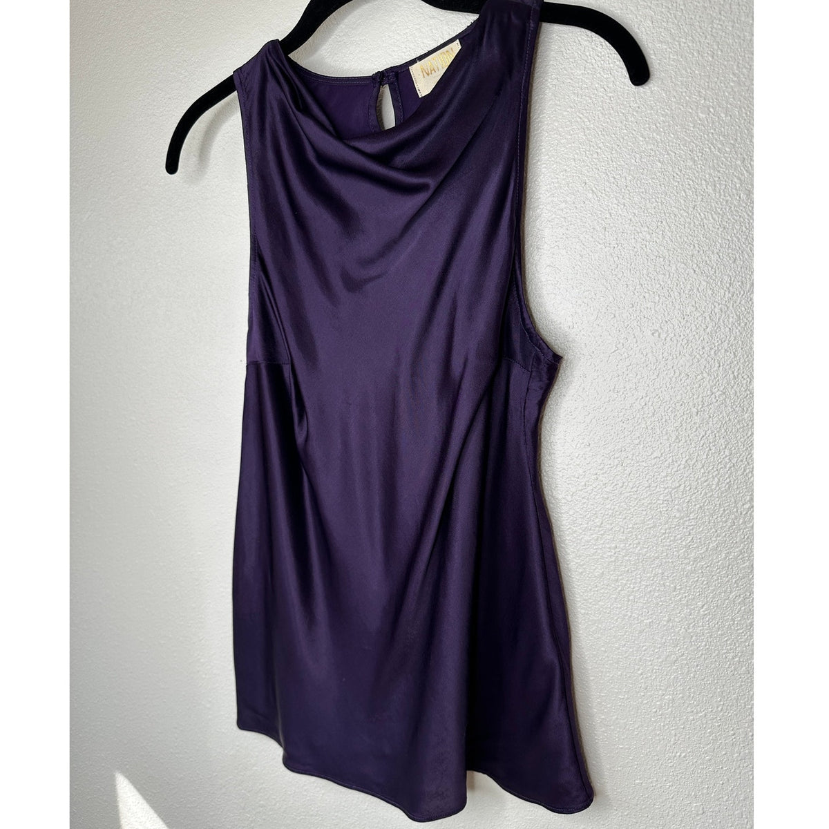 Nation Dark Purple Satin Mock Neck Sleeveless Keyhole Back Blouse S