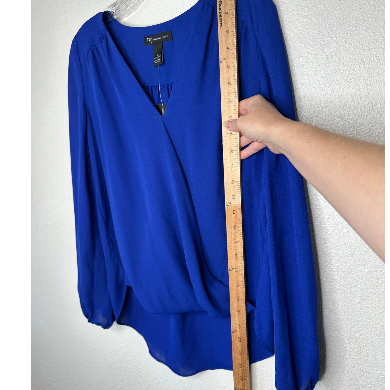 NWT INC Royal Blue VNeck Faux Wrap Long Sleeve High-Low Blouse XS