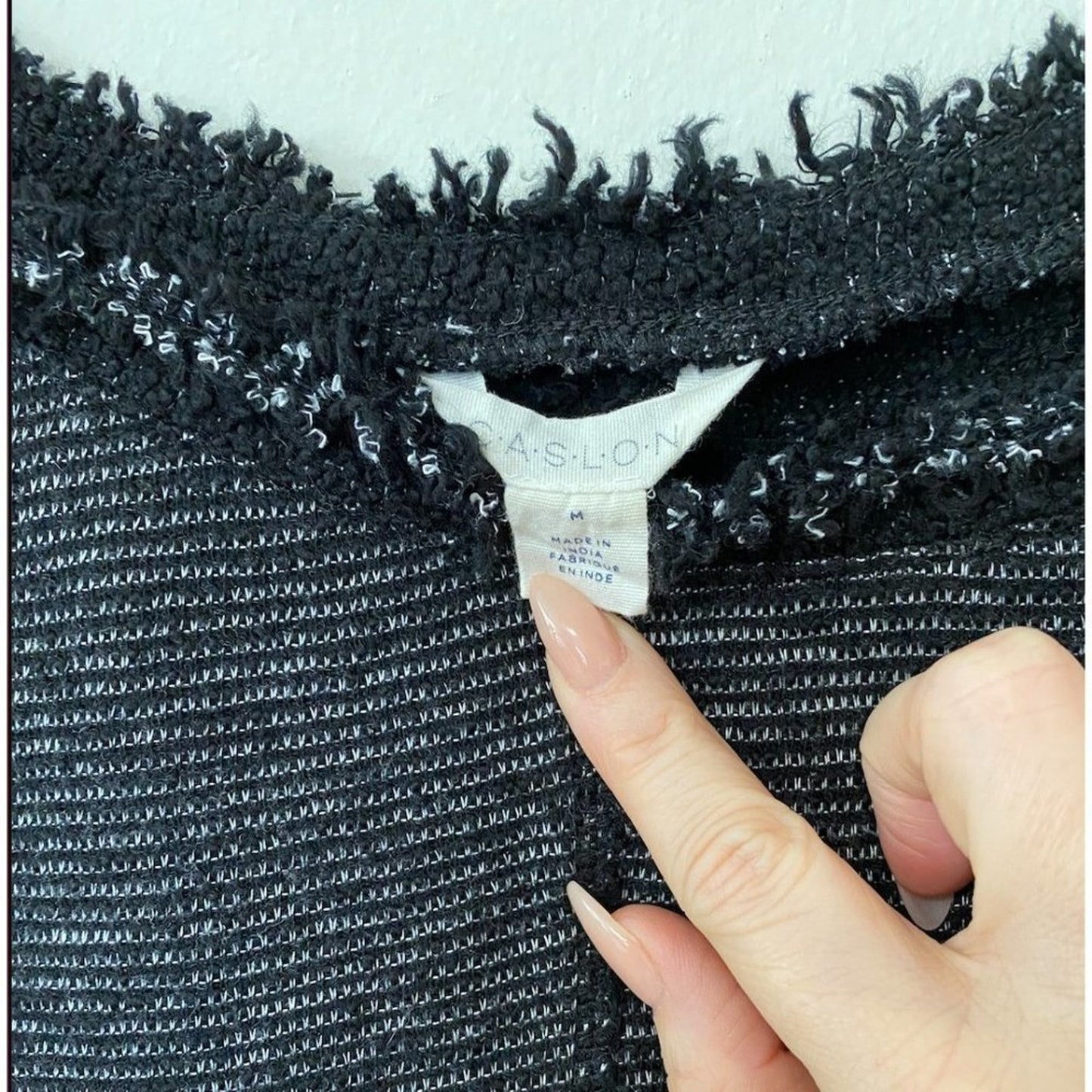 Caslon Black White Color Block Boxy Crewneck Woven Hem Striped Texture Top M