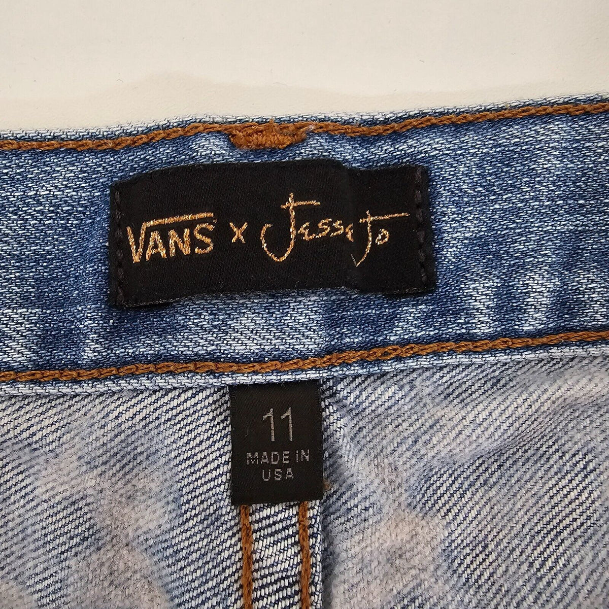 RARE Vans X Jesse Jo Medium -Wash Leopard Print Waist Raw Hem Jean Shorts 11