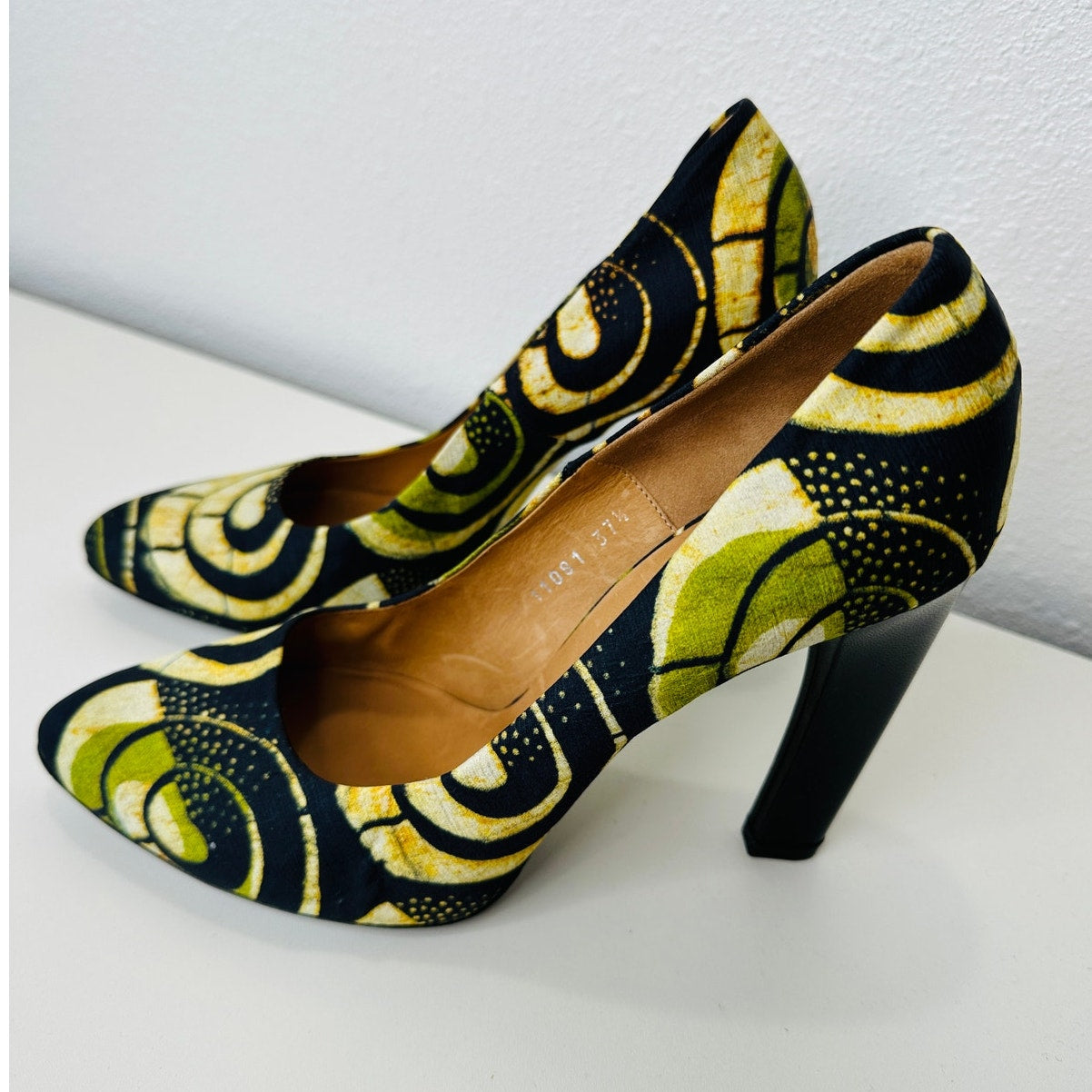 Dries Van Noten Italy Silk Leather Black Green Tan Platform 5" Heel Shoe 37.5 / 7.5