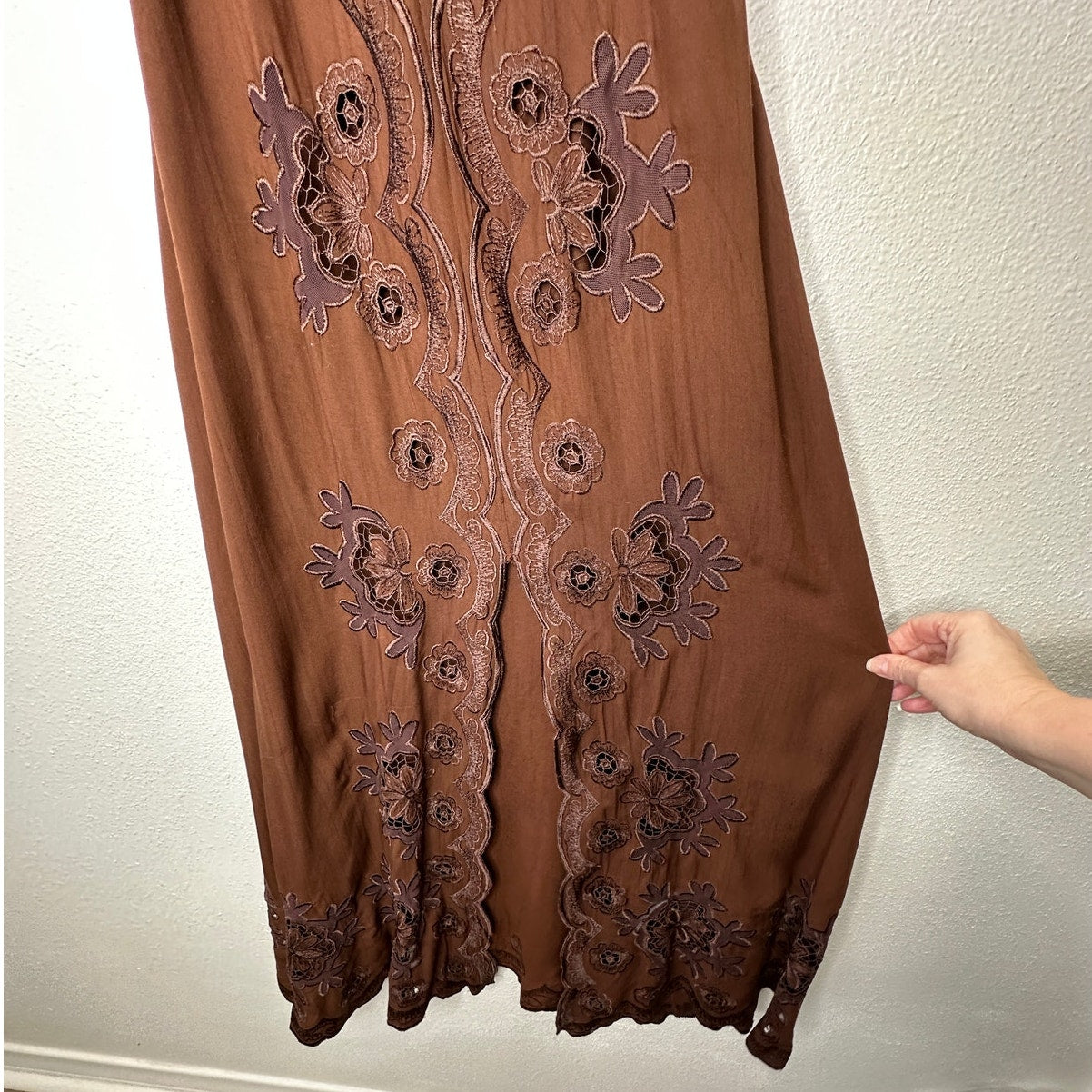 Cleobella Annie Chestnut Brown Lace Up Crochet Split Front Midi Dress XS
