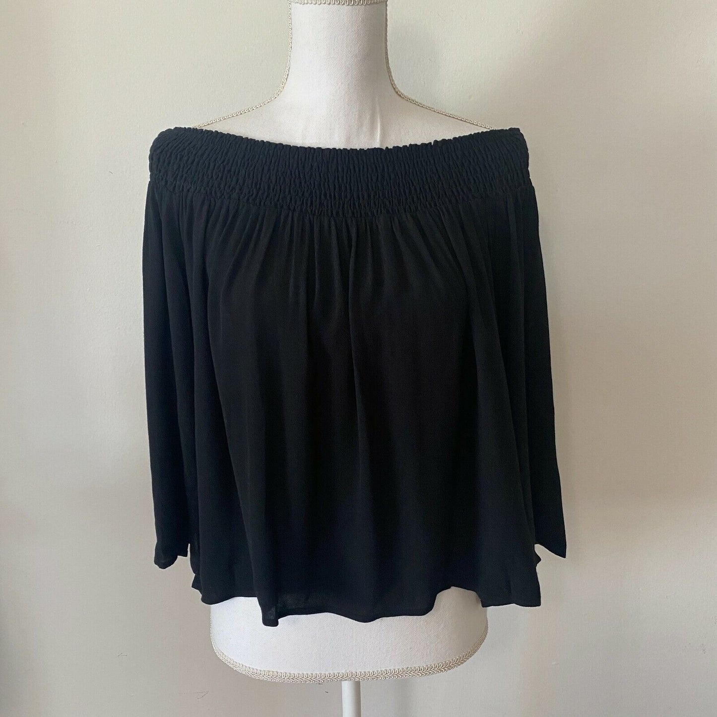 Aritzia Talula Marcilly Off Shoulder Ribbed Black Flowy Blouse Bell Sleeve SM