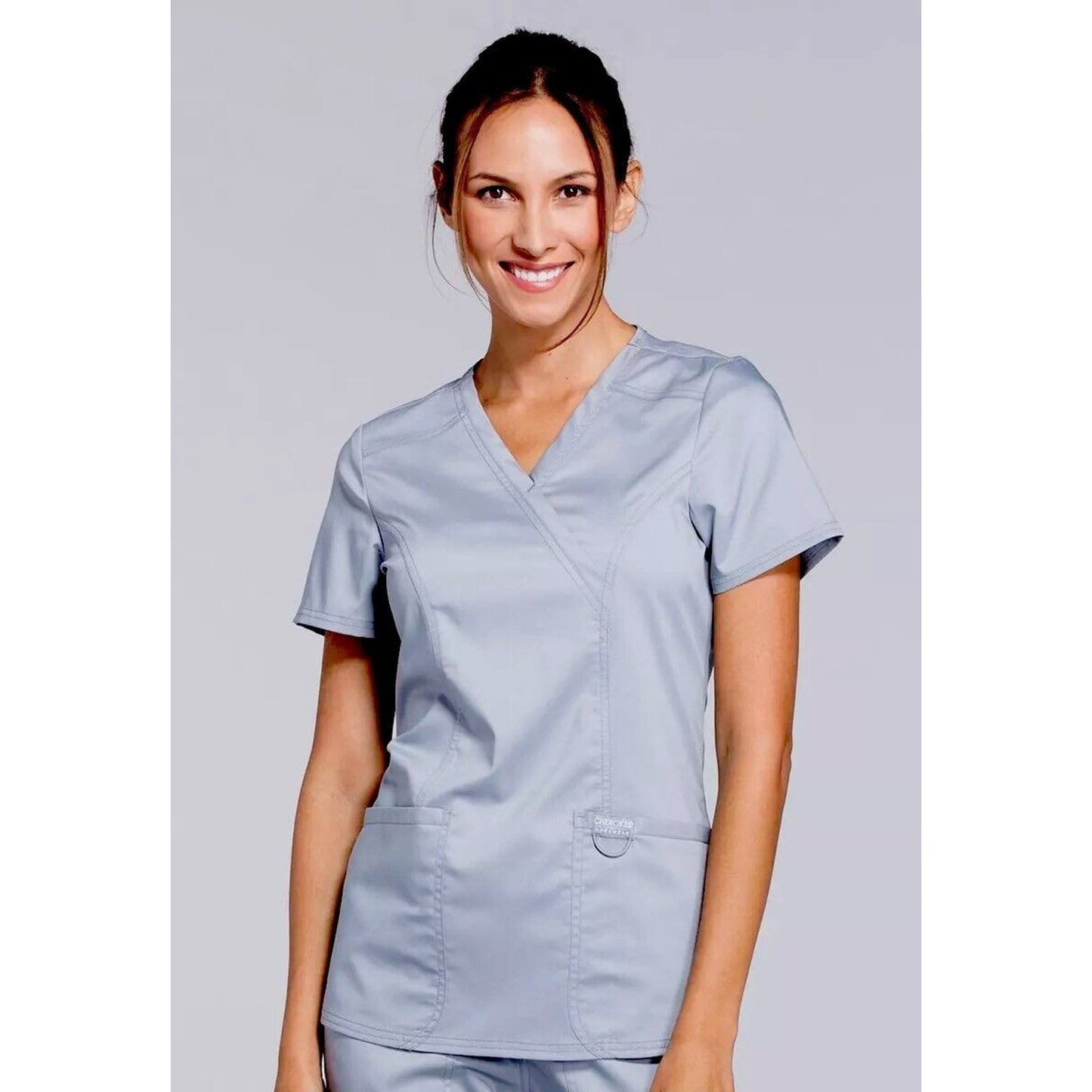 Cherokee Workwear Revolution Gray-Blue Mock Wrap V-Neck Patch Pockets Scrub Top