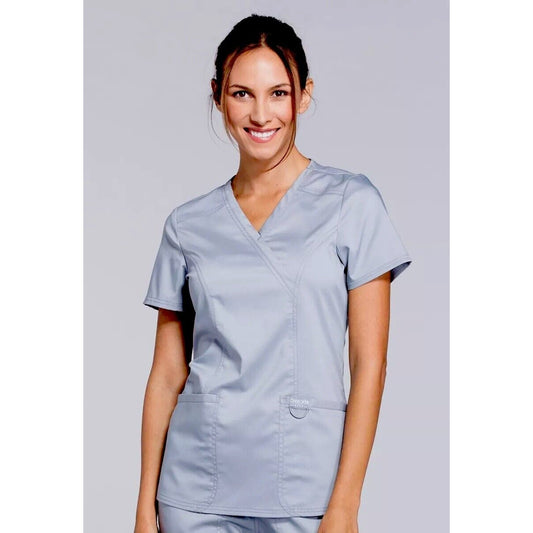 Cherokee Workwear Revolution Gray-Blue Mock Wrap V-Neck Patch Pockets Scrub Top