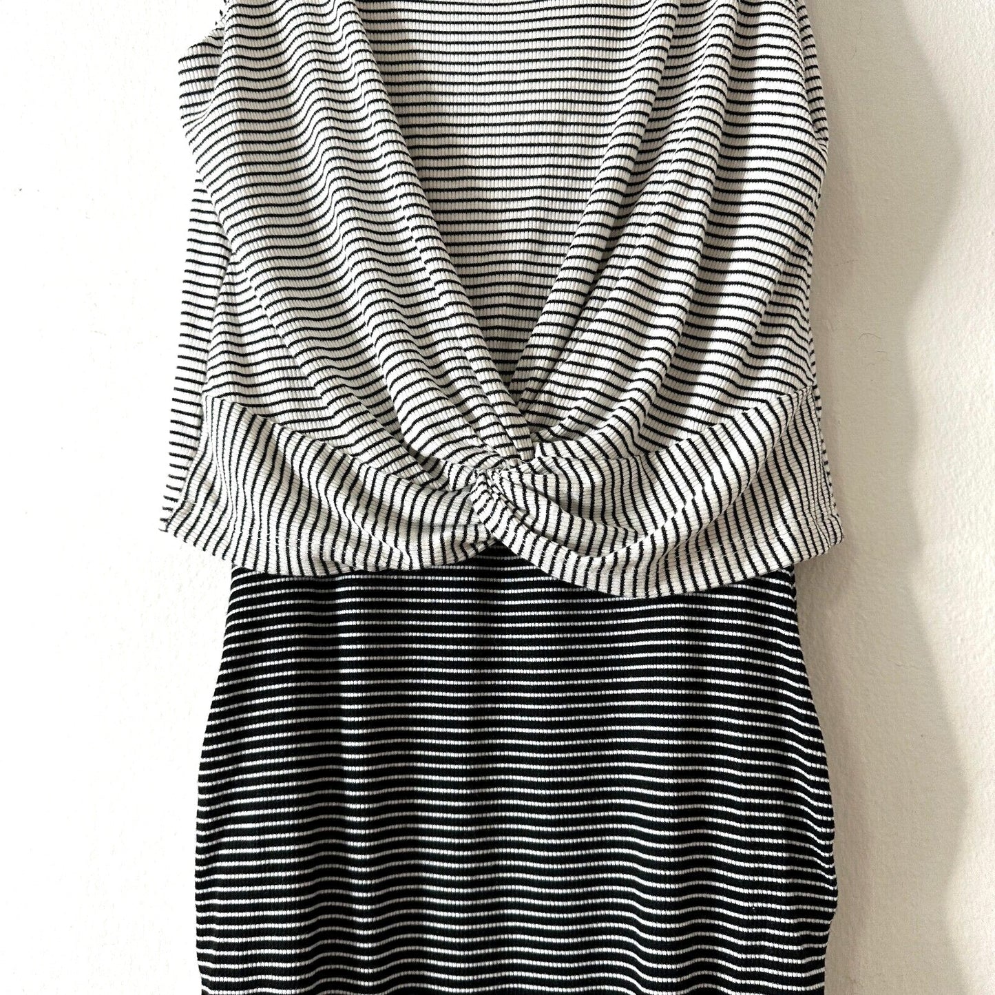 Allison Joy Kit Striped Twist Front Ruched Knit Dress Black and White Dress XS