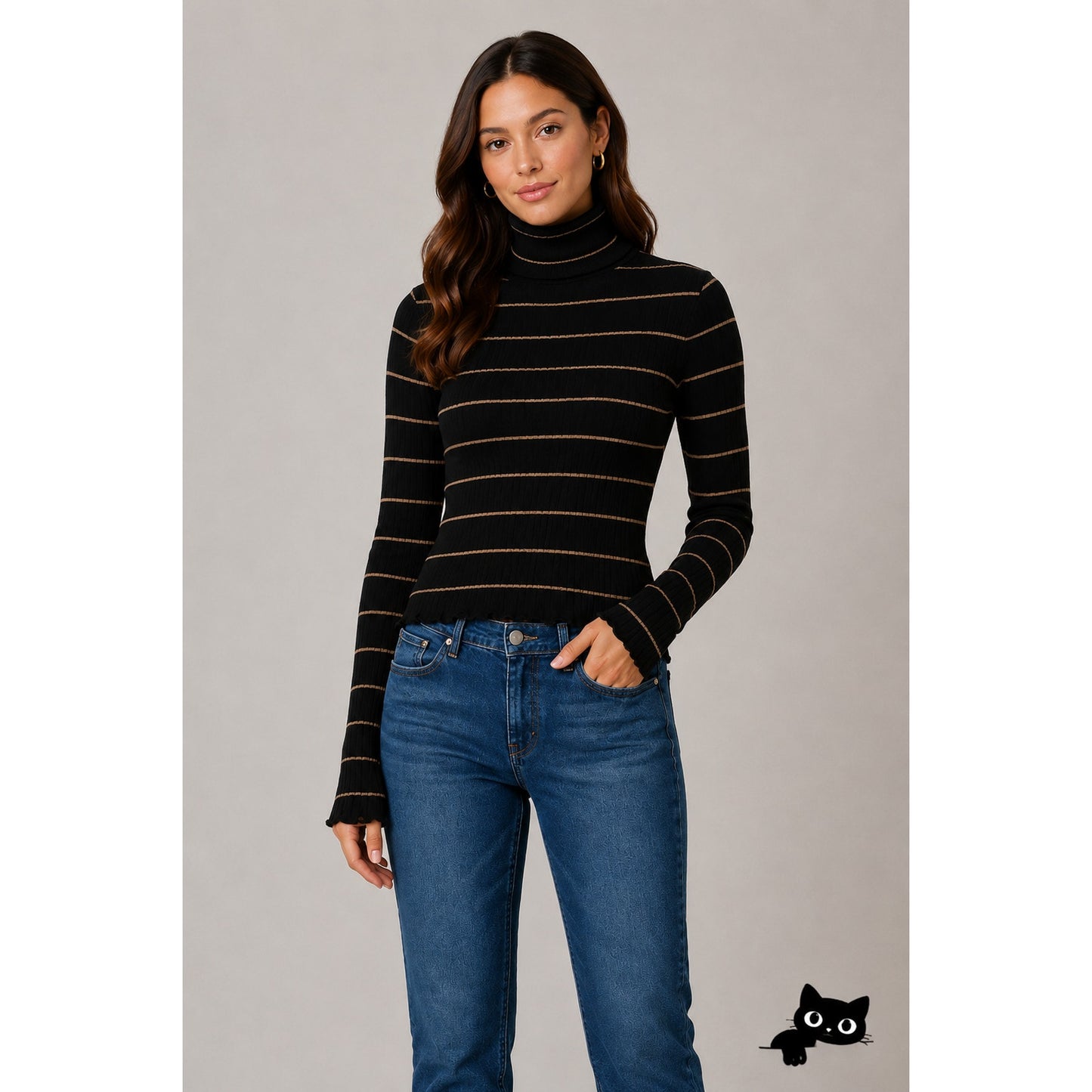 Vince Casual Black With Tan Stripe Ribbed Knit Turtleneck Long Sleeve Sweater XS