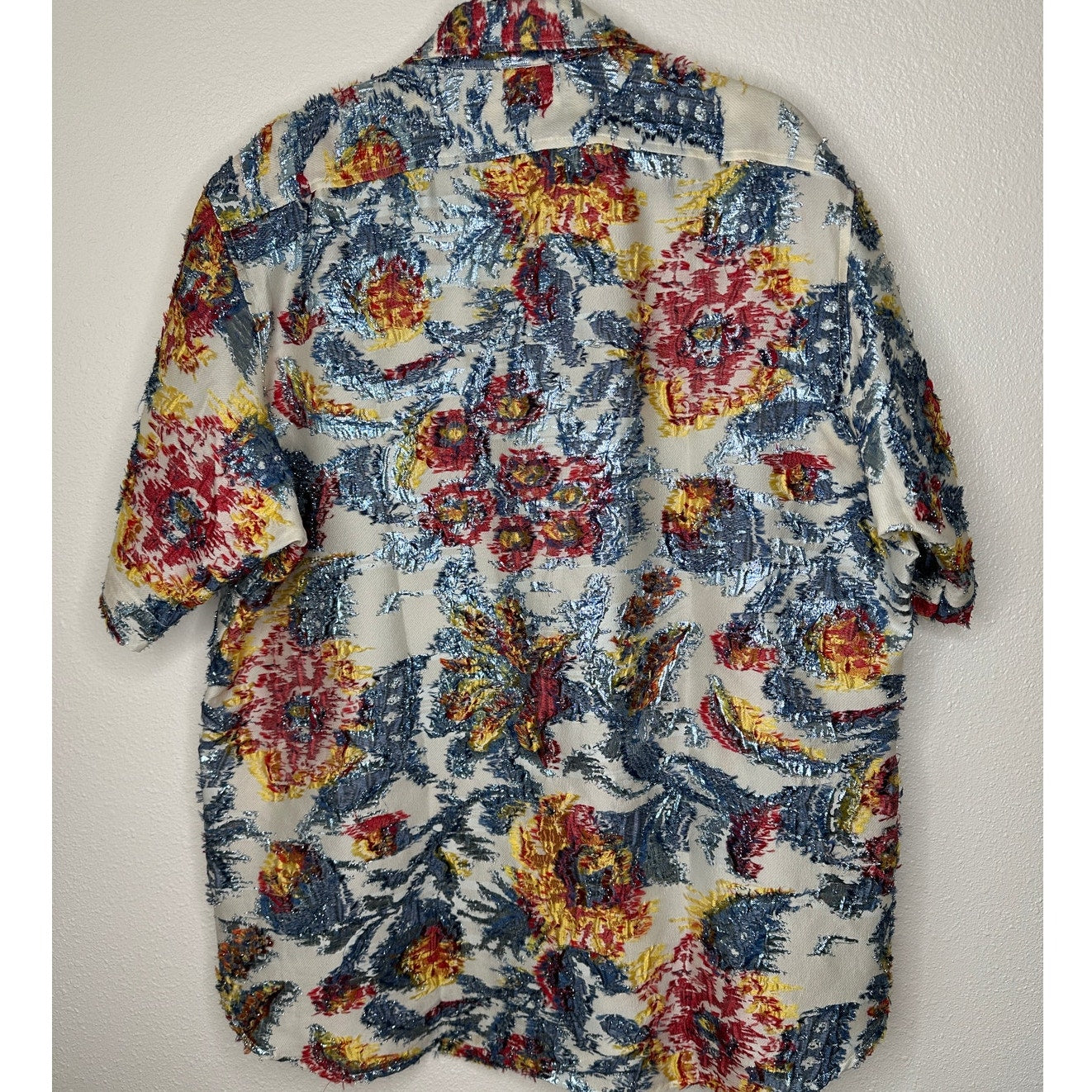 Libertine Cream Red Blue Gold Metallic Embroidered Button Down Short Sleeve Shirt L