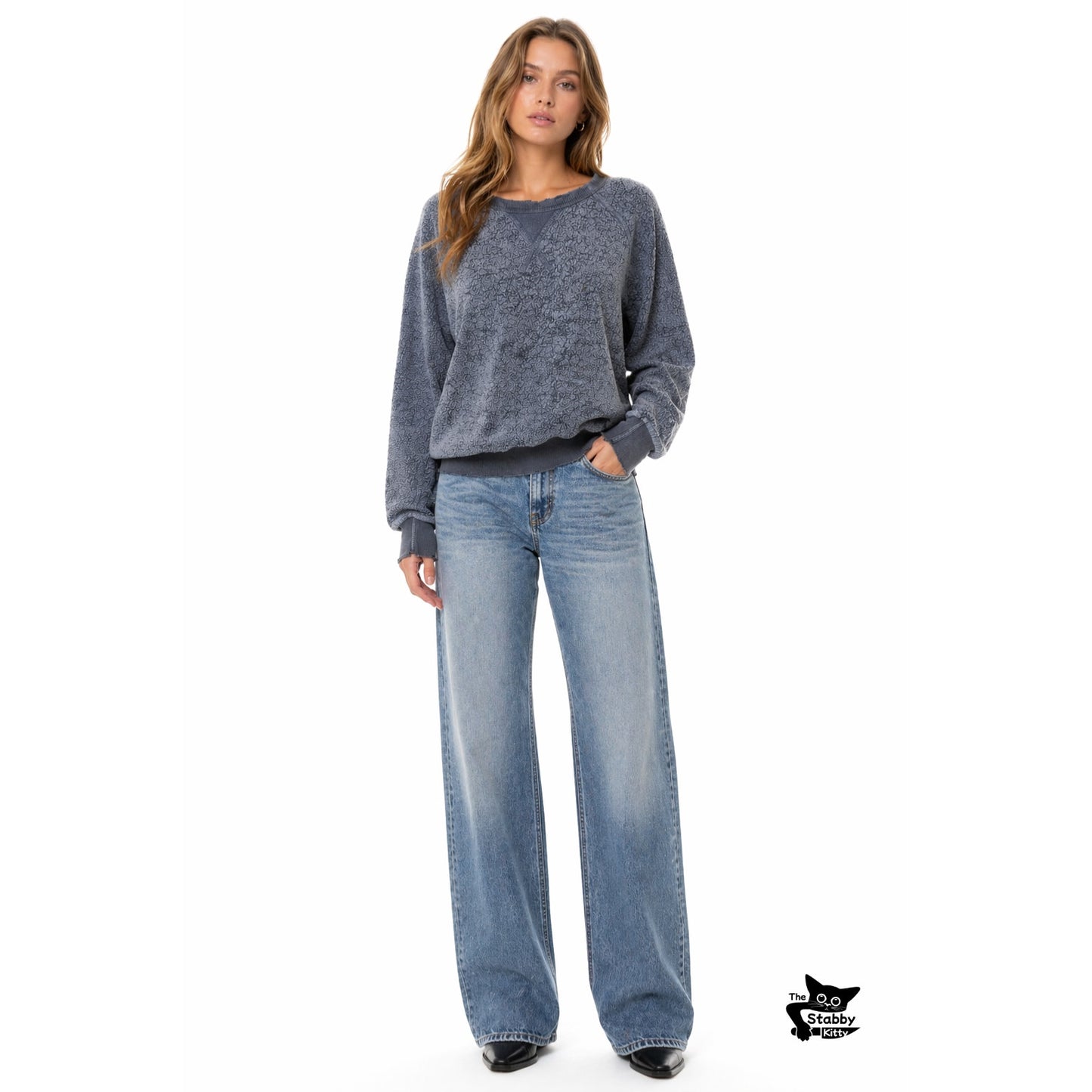 The Great. Blue Fleece Sweatshirt Distressed Raw Hem Raglan Sleeve - Size 0