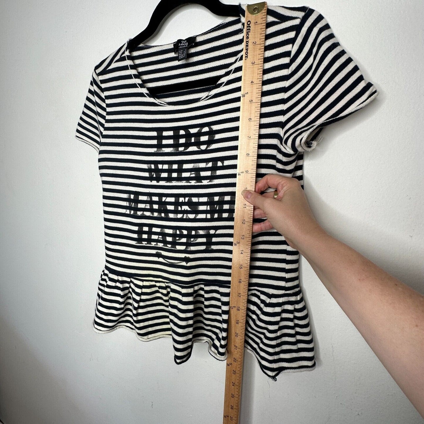 MNG Mango Black White Stripe I Do What Makes Me Happy Short Sleeve Ruffle Tee SM