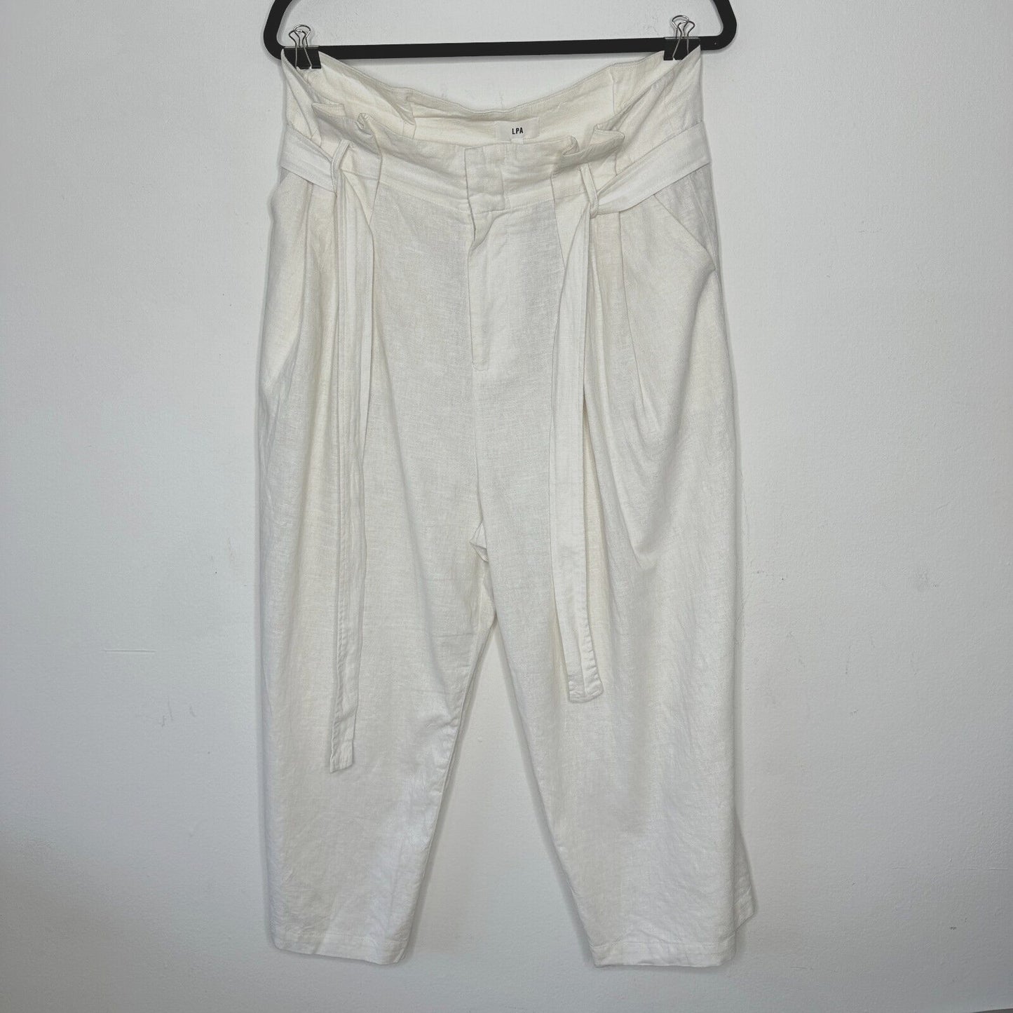 LPA Off White Linen Wide Leg Paperbag High Waist Self Tie Pleated Trousers L
