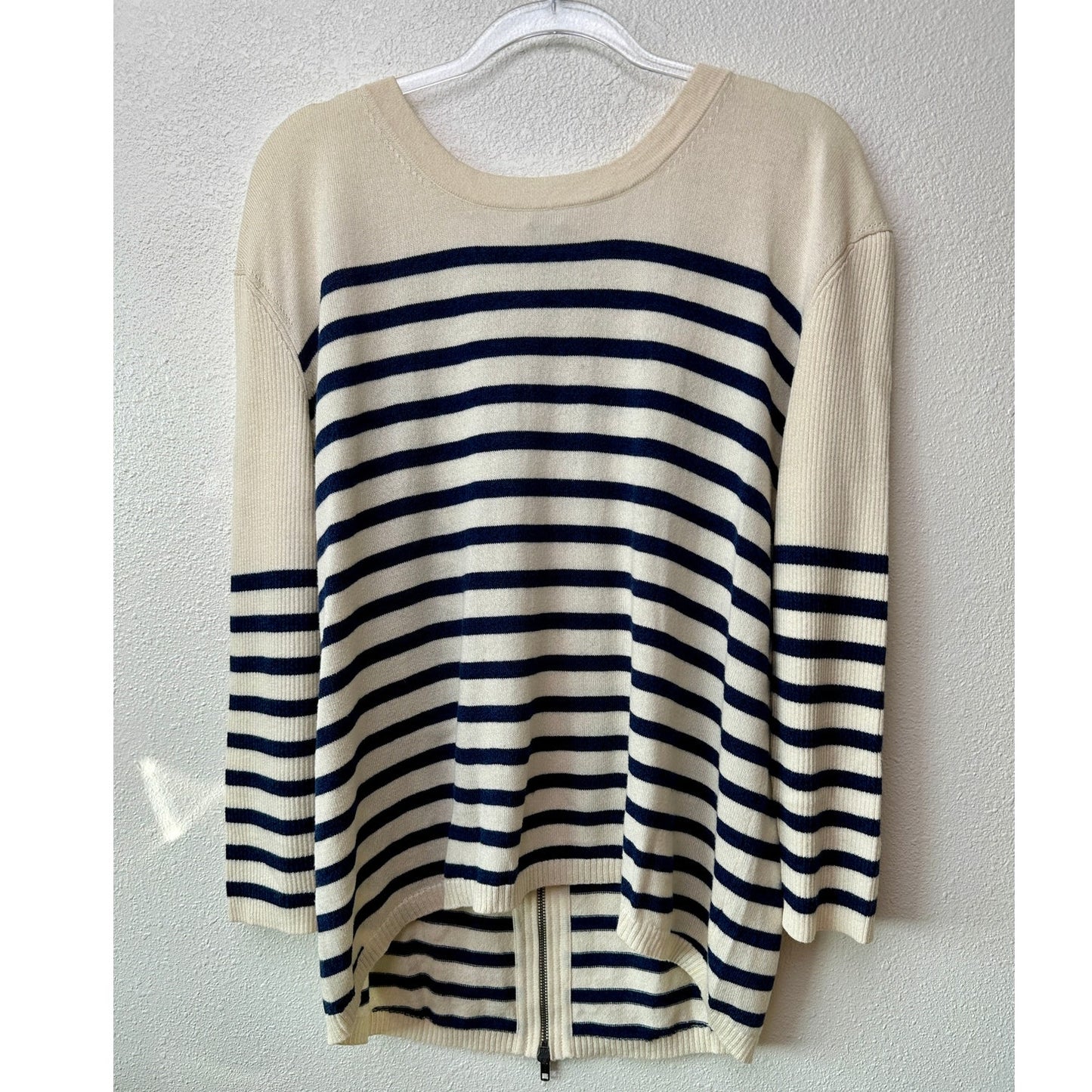 Vince Striped Sweater Cream Navy Women's US L High Low Back Zip